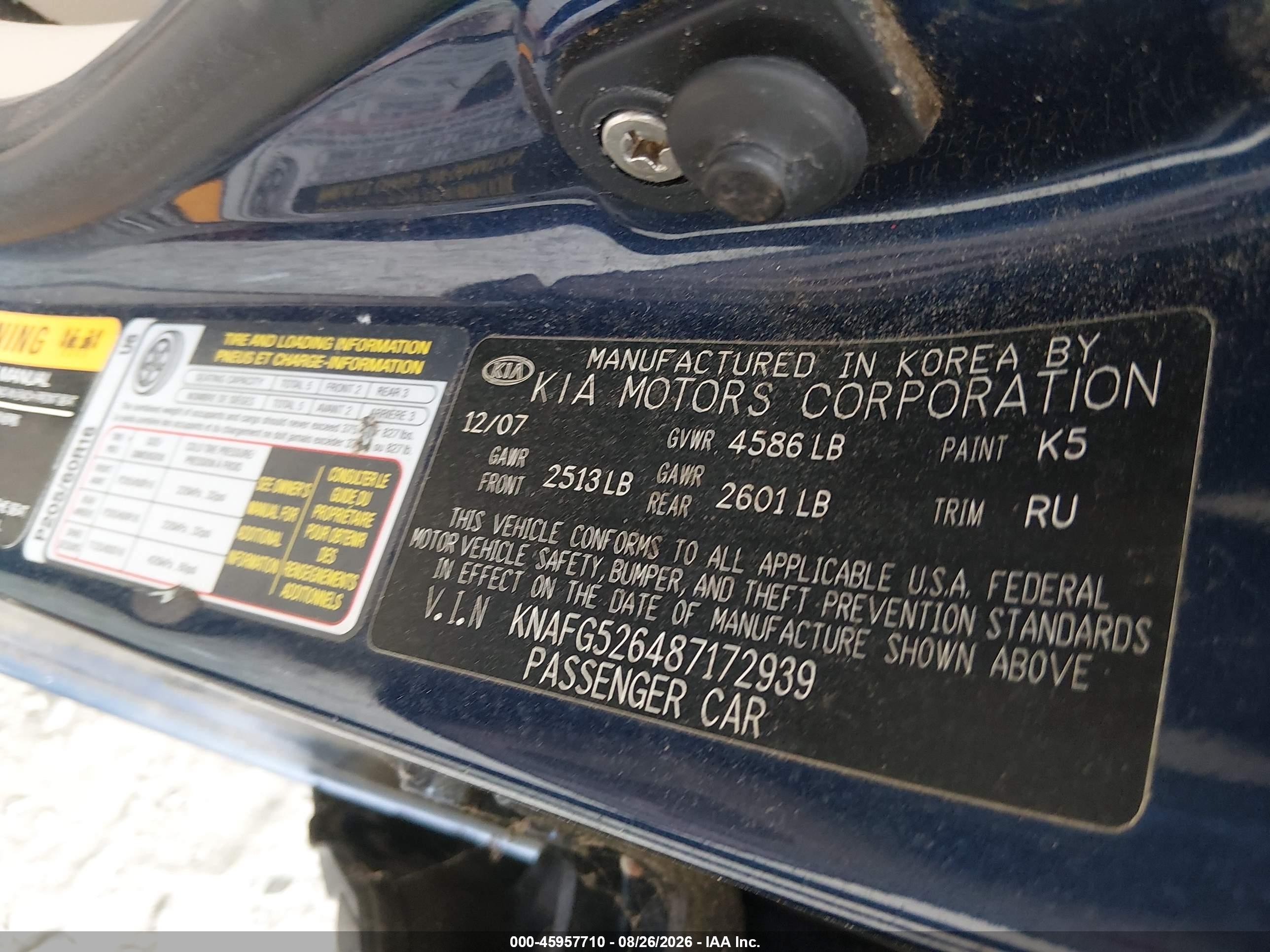 2008 Kia Rondo Lx V6 Blue vin: KNAFG526487172939