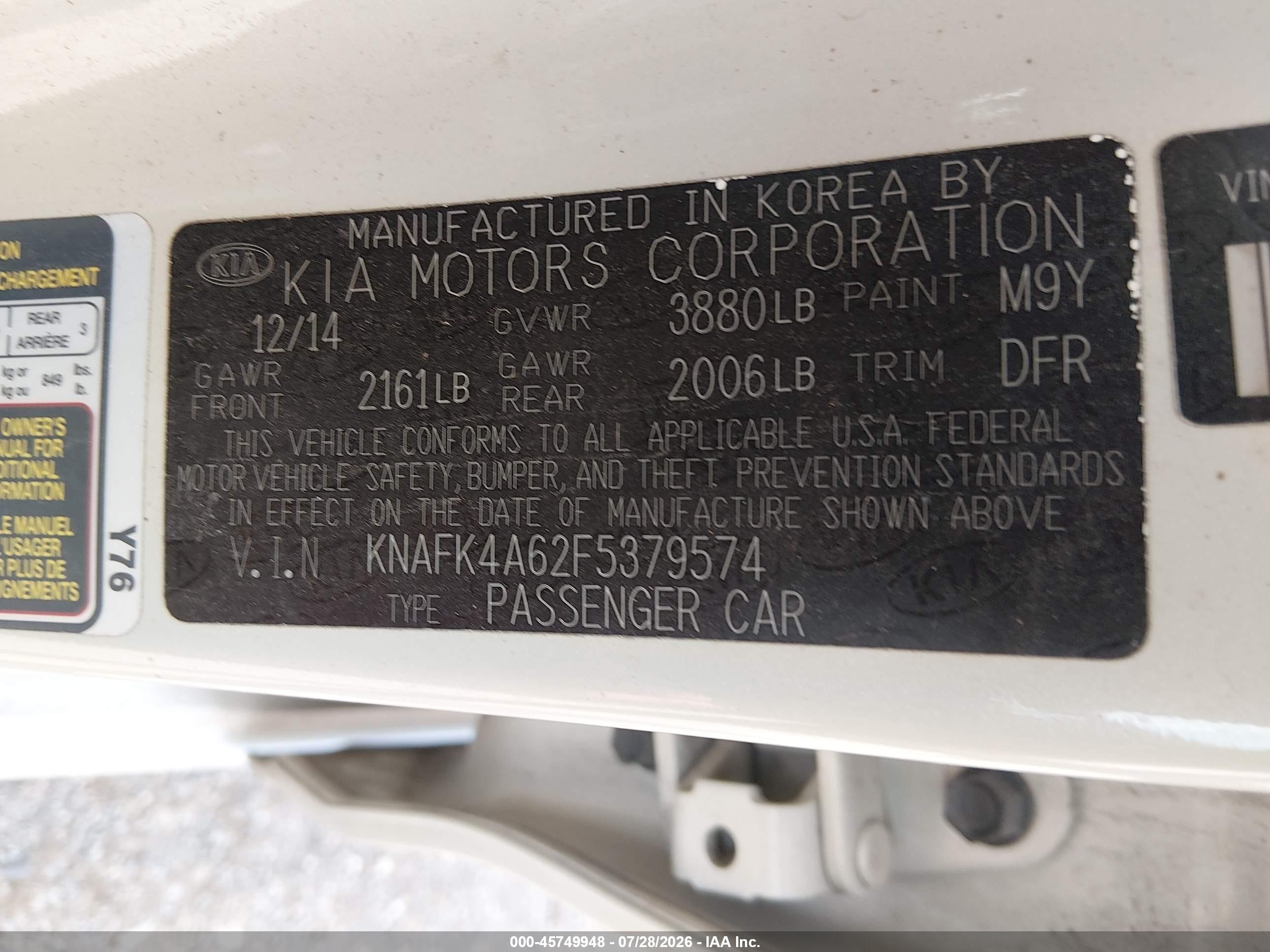 2015 Kia Forte Lx White vin: KNAFK4A62F5379574