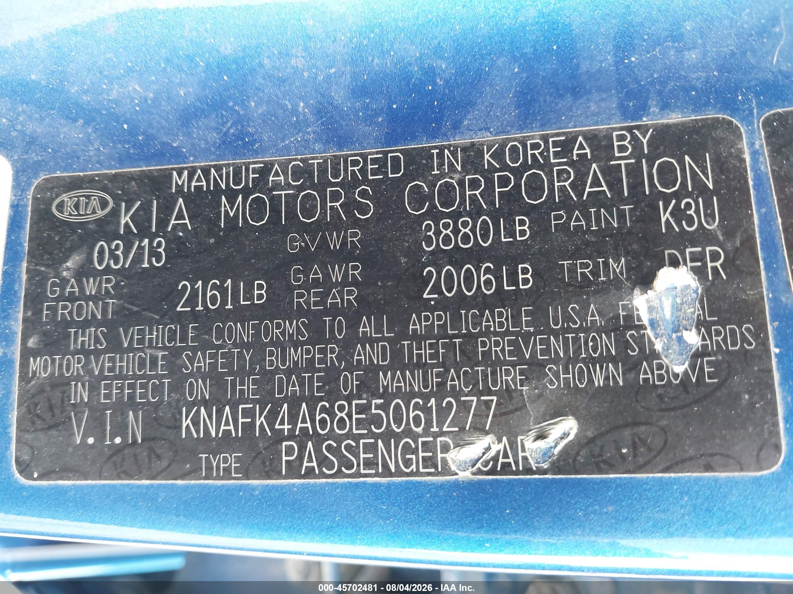 2014 Kia Forte Lx Blue vin: KNAFK4A68E5061277