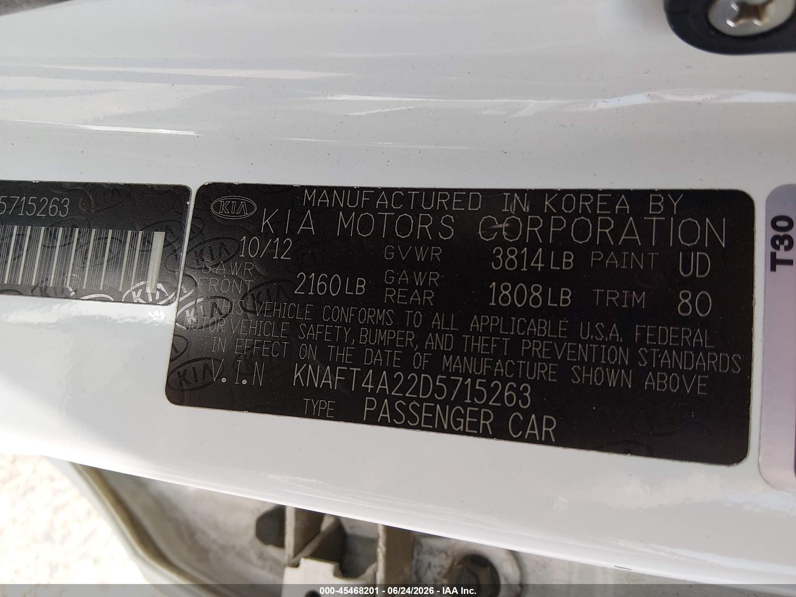 2013 Kia Forte Lx White vin: KNAFT4A22D5715263