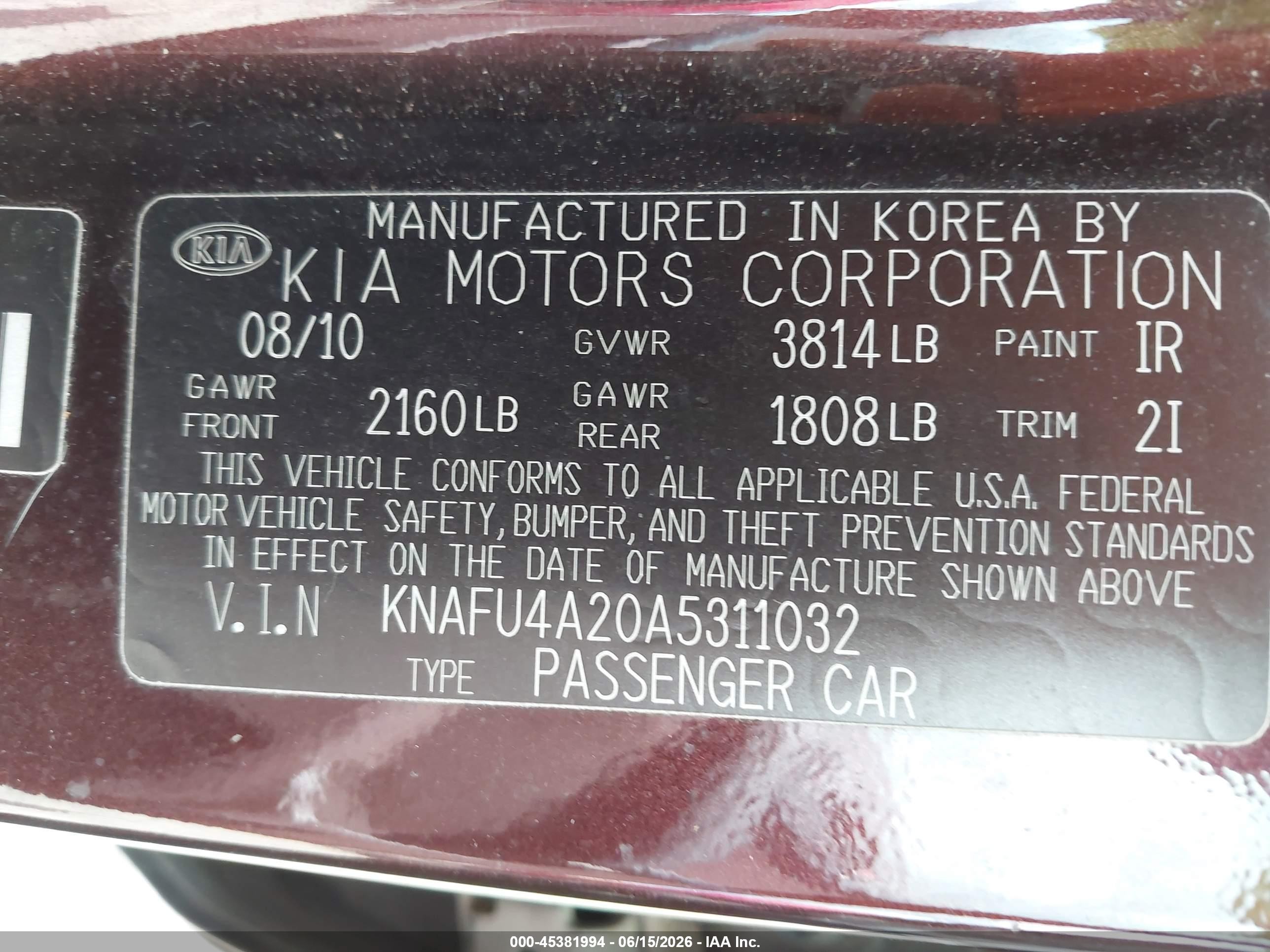 2010 Kia Forte Ex Burgundy vin: KNAFU4A20A5311032