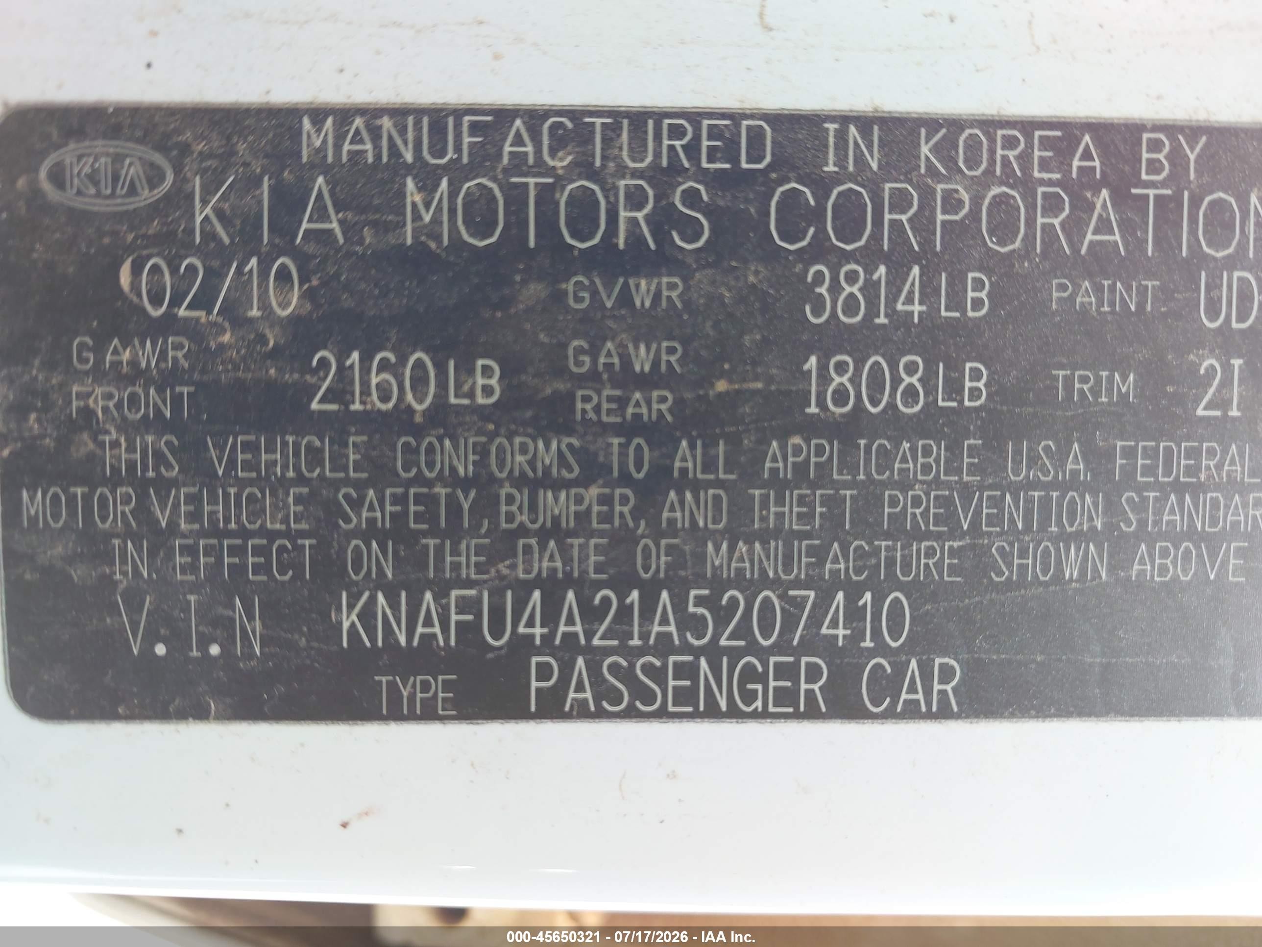 2010 Kia Forte Ex White vin: KNAFU4A21A5207410
