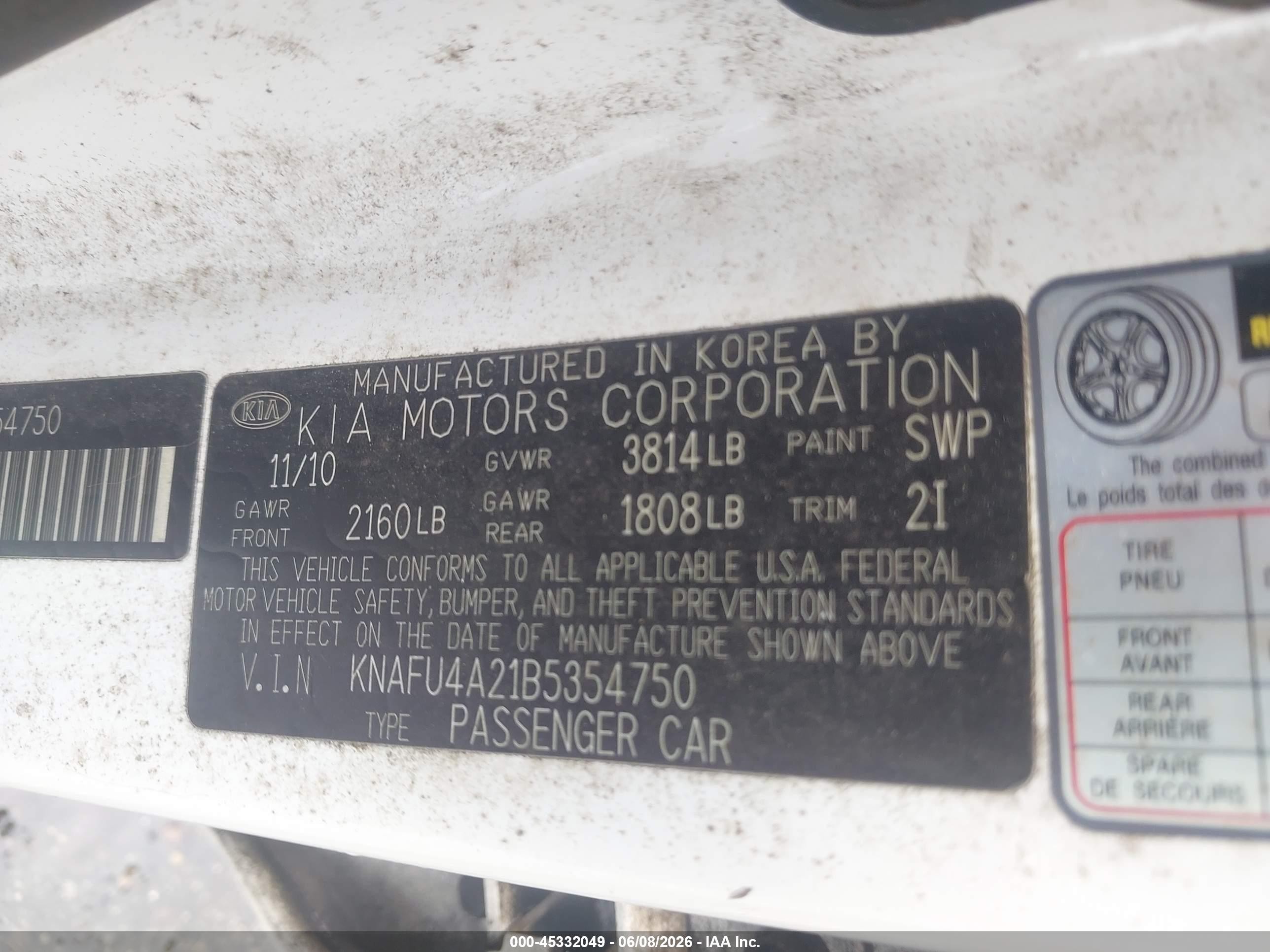2011 Kia Forte Ex White vin: KNAFU4A21B5354750