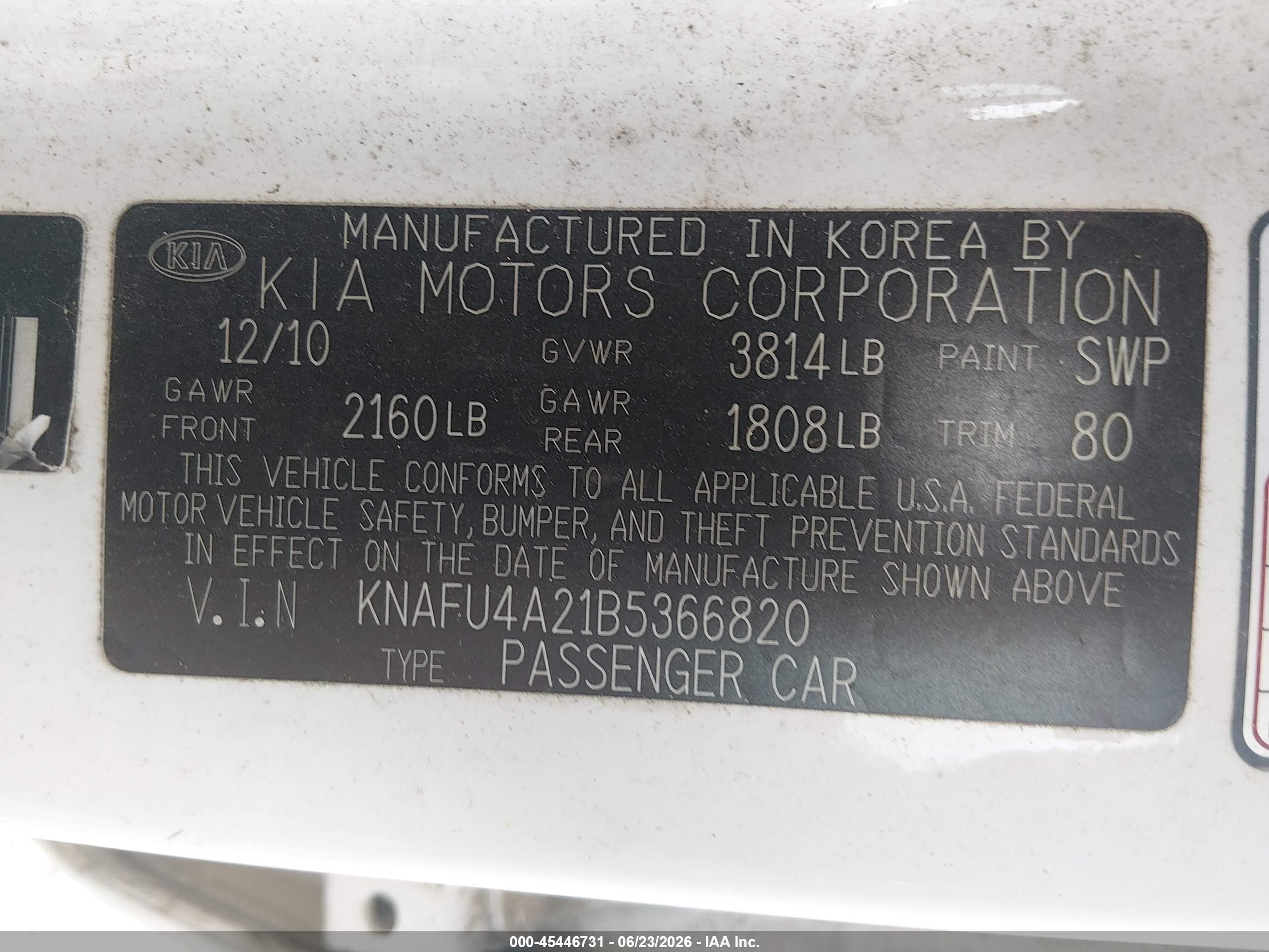 2011 Kia Forte Ex White vin: KNAFU4A21B5366820
