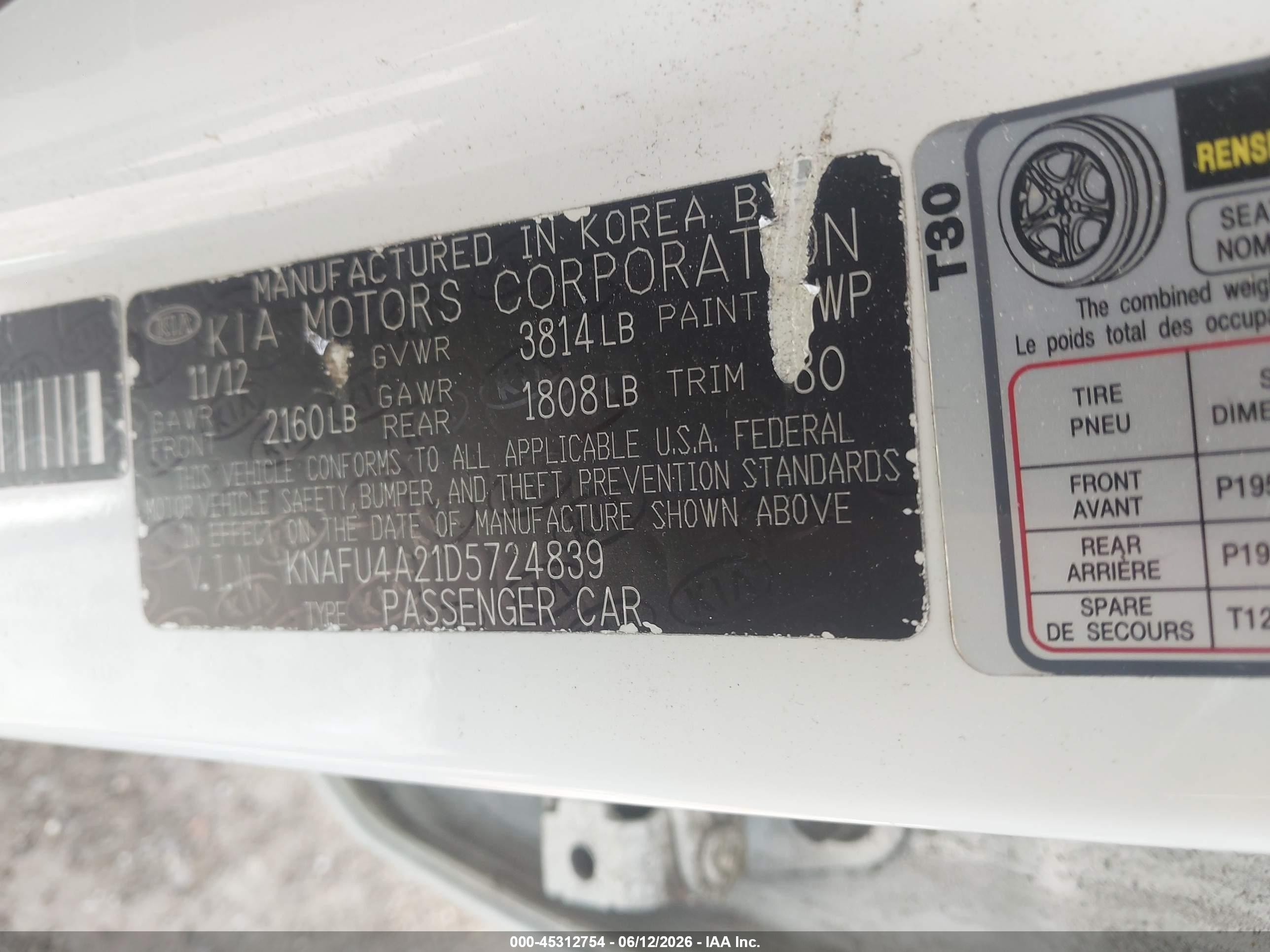 2013 Kia Forte Ex White vin: KNAFU4A21D5724839