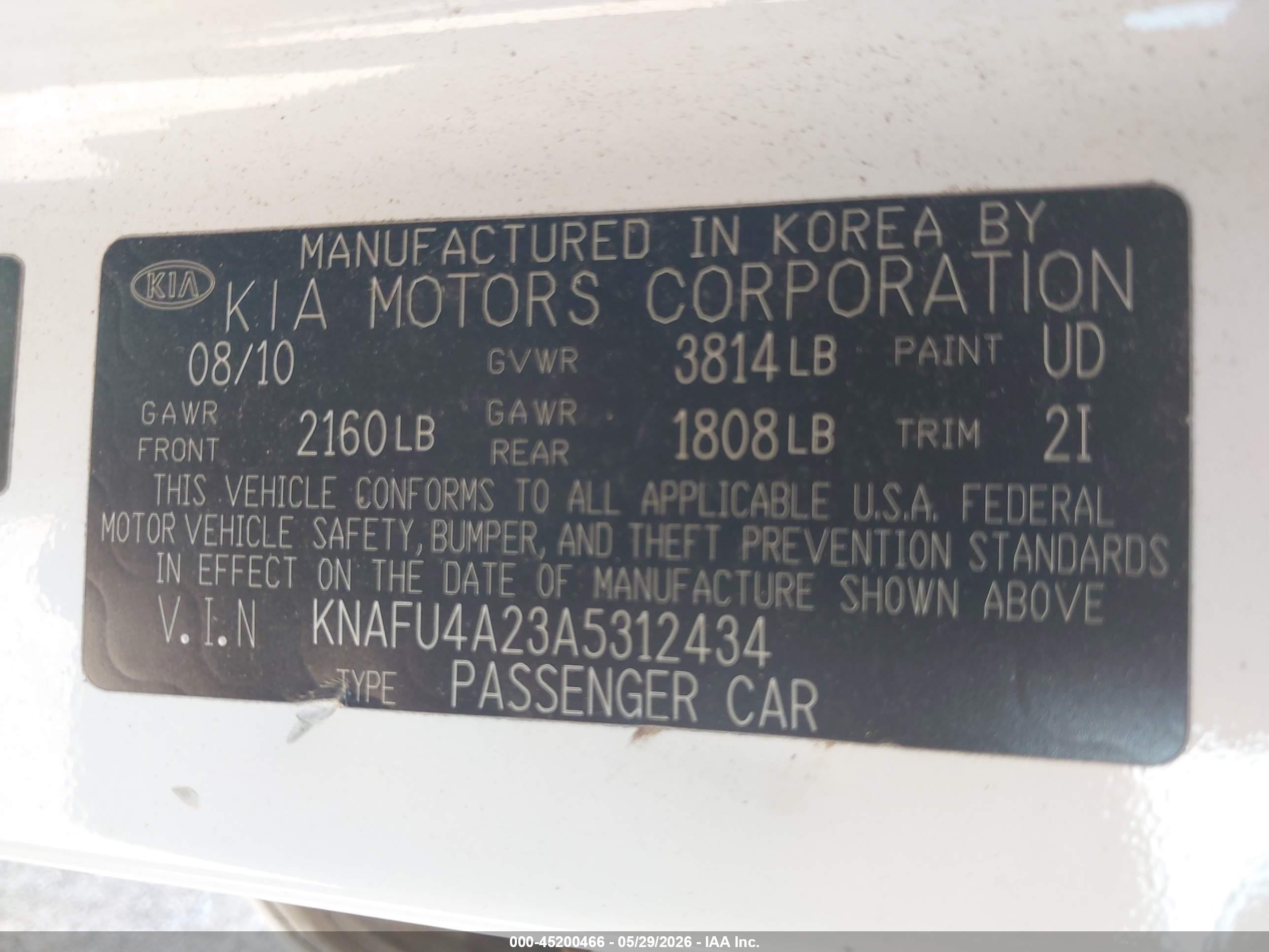 2010 Kia Forte Ex White vin: KNAFU4A23A5312434