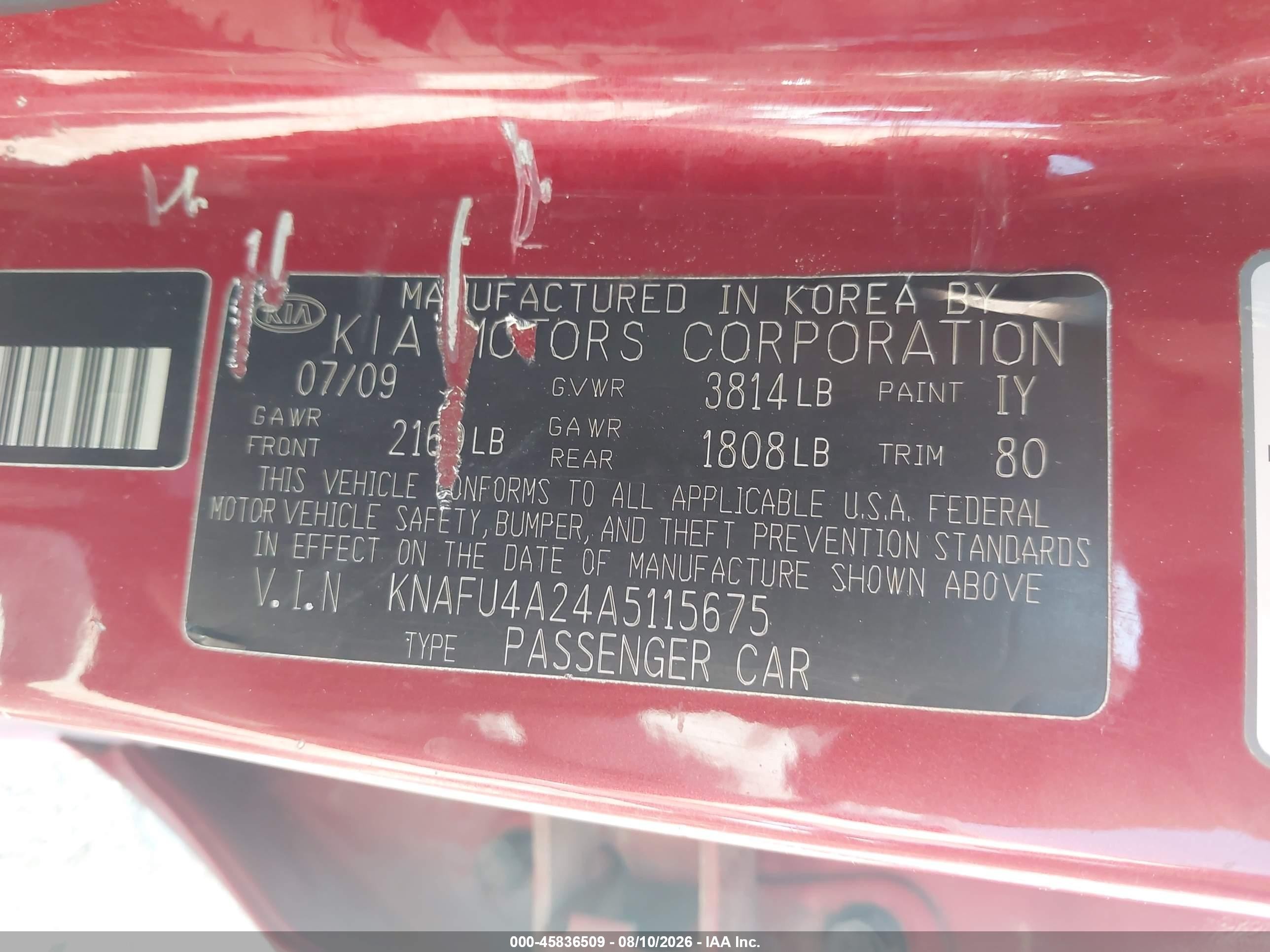 2010 Kia Forte Ex Red vin: KNAFU4A24A5115675