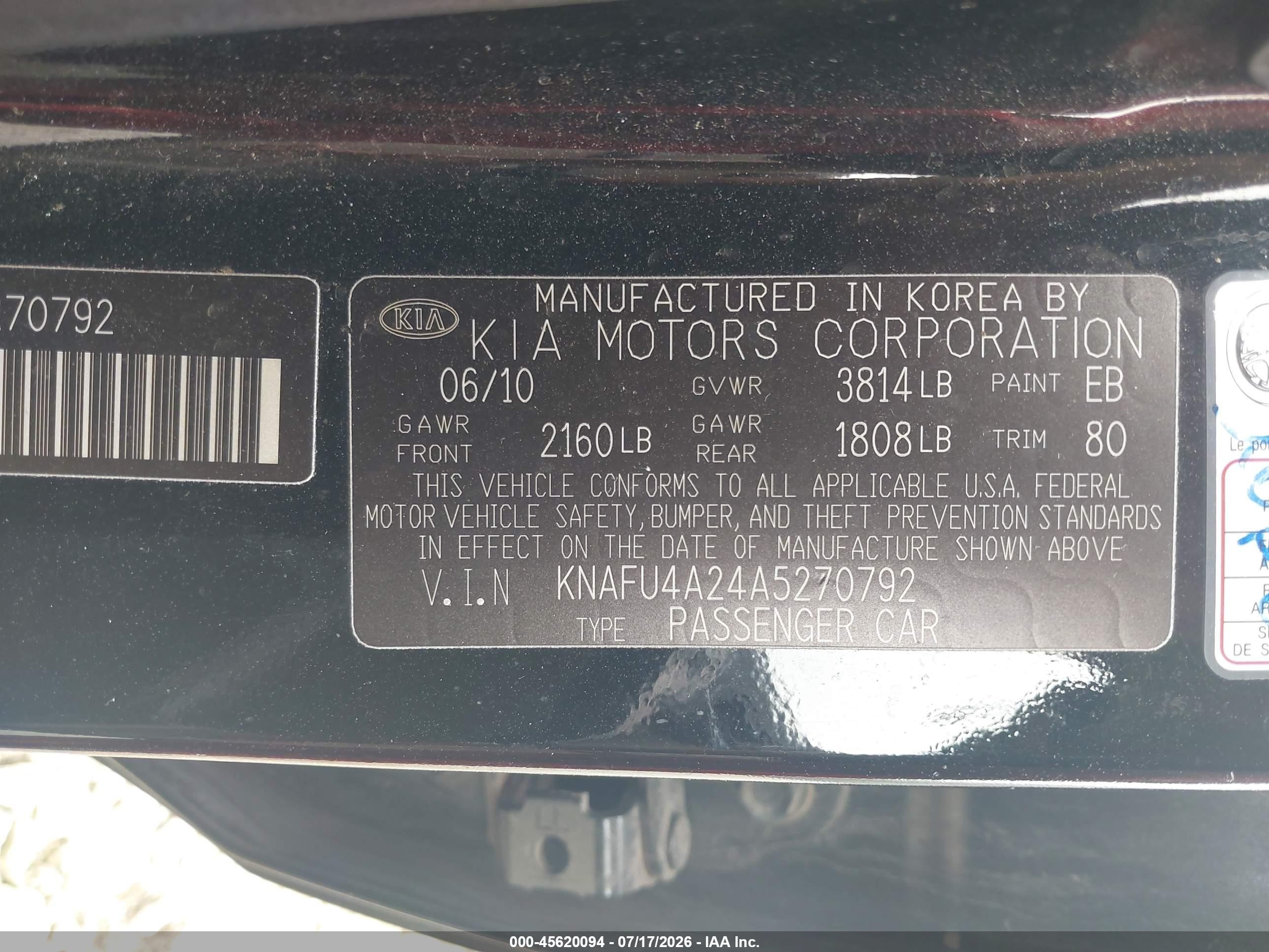 2010 Kia Forte Ex Black vin: KNAFU4A24A5270792