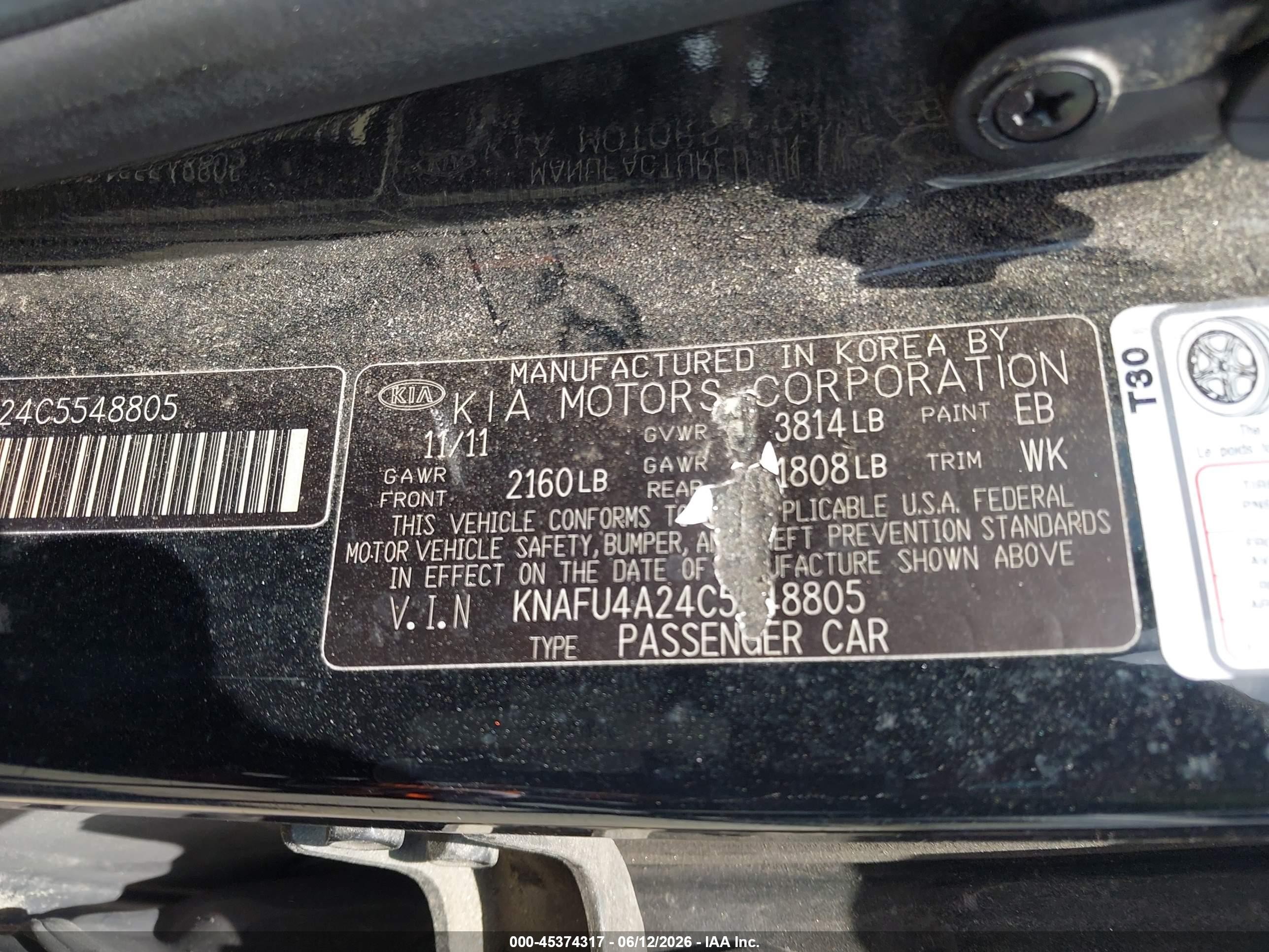 2012 Kia Forte Ex Black vin: KNAFU4A24C5548805