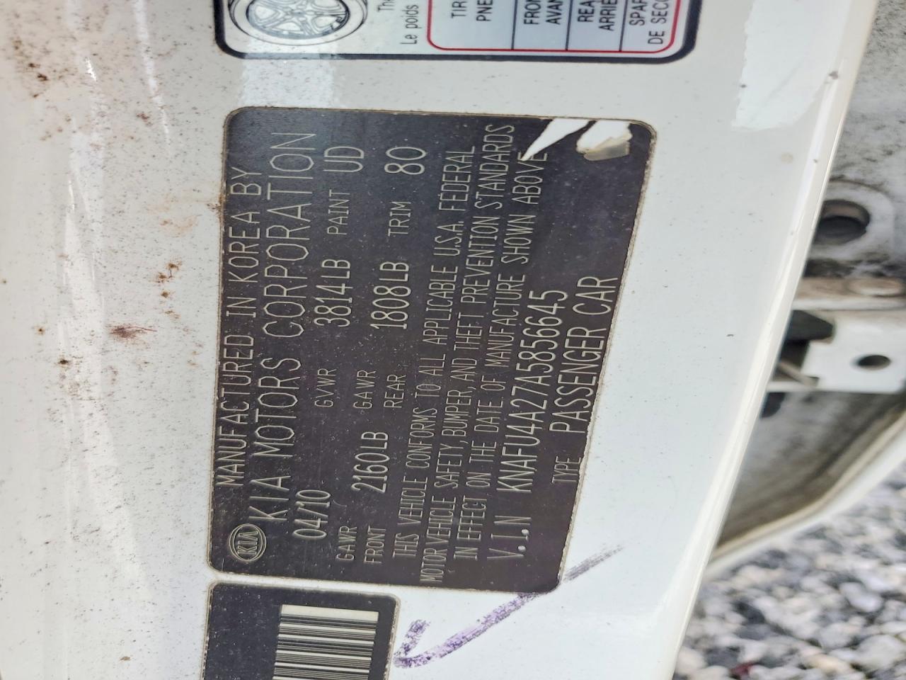 2010 Kia Forte Ex White vin: KNAFU4A27A5856645