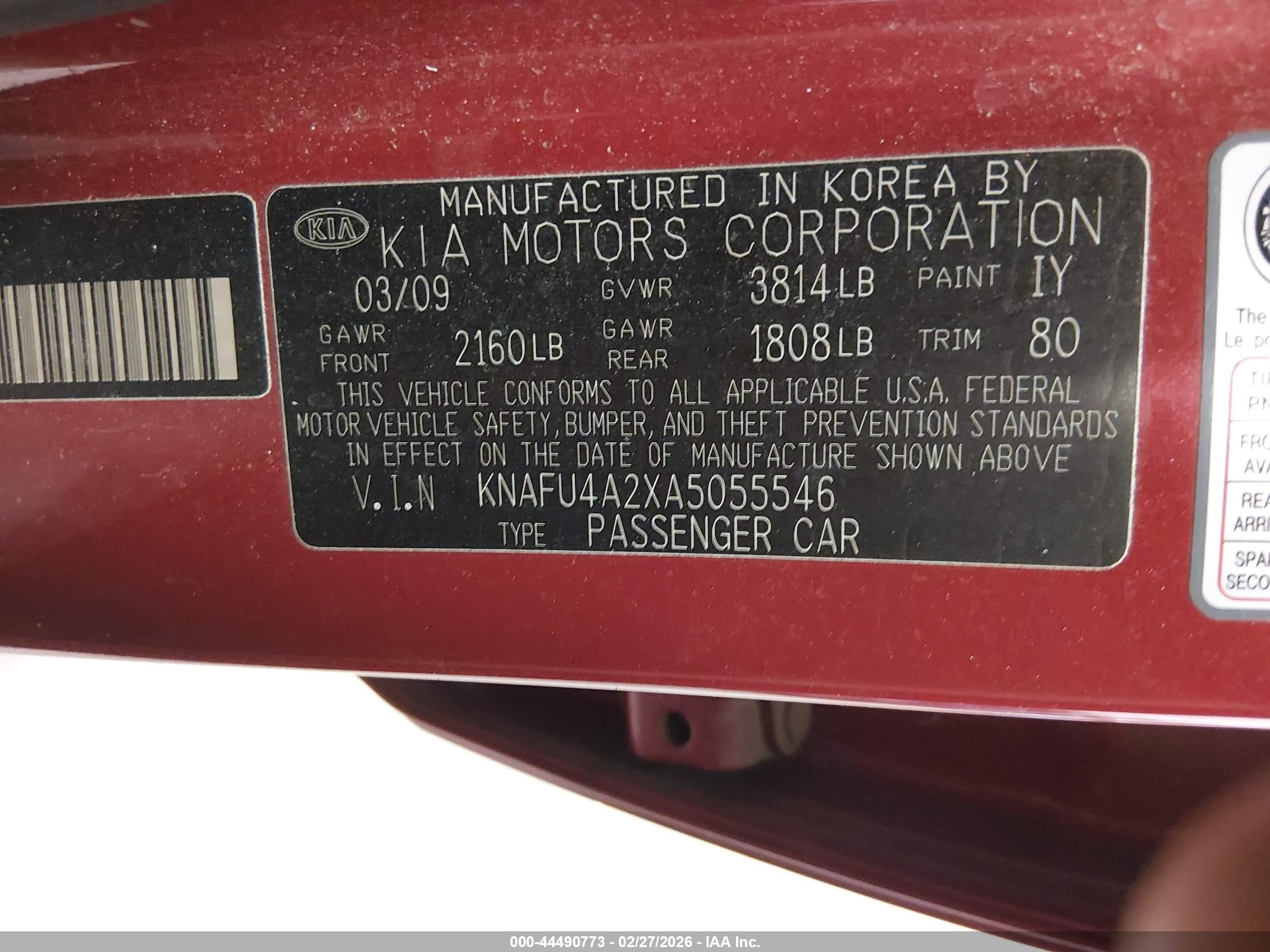 2010 Kia Forte Ex Red vin: KNAFU4A2XA5055546