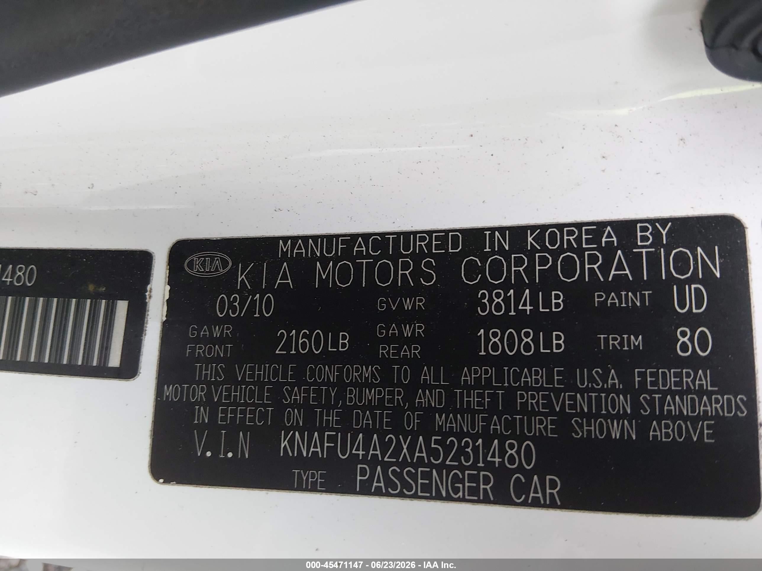 2010 Kia Forte Ex White vin: KNAFU4A2XA5231480
