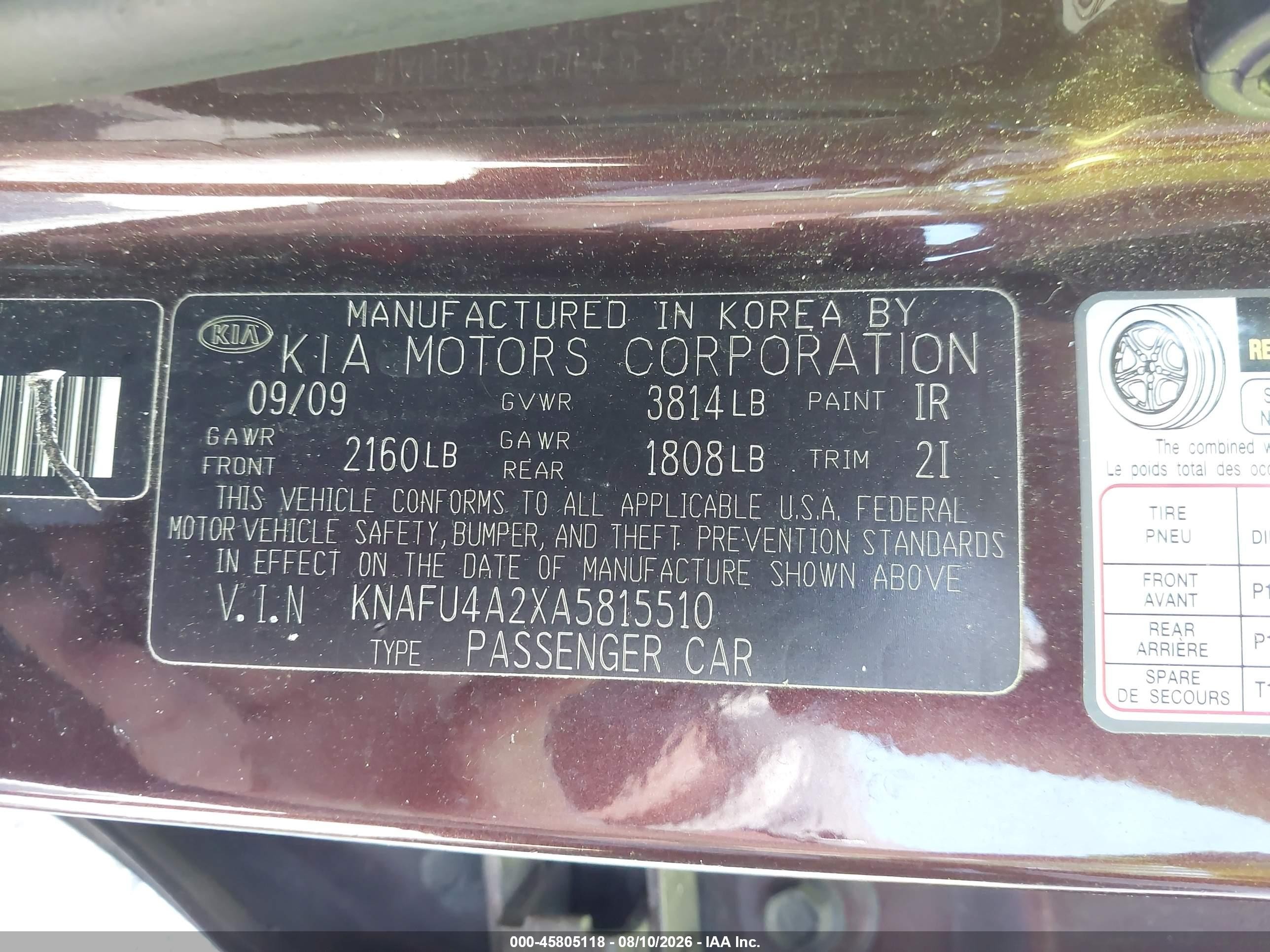 2010 Kia Forte Ex Red vin: KNAFU4A2XA5815510