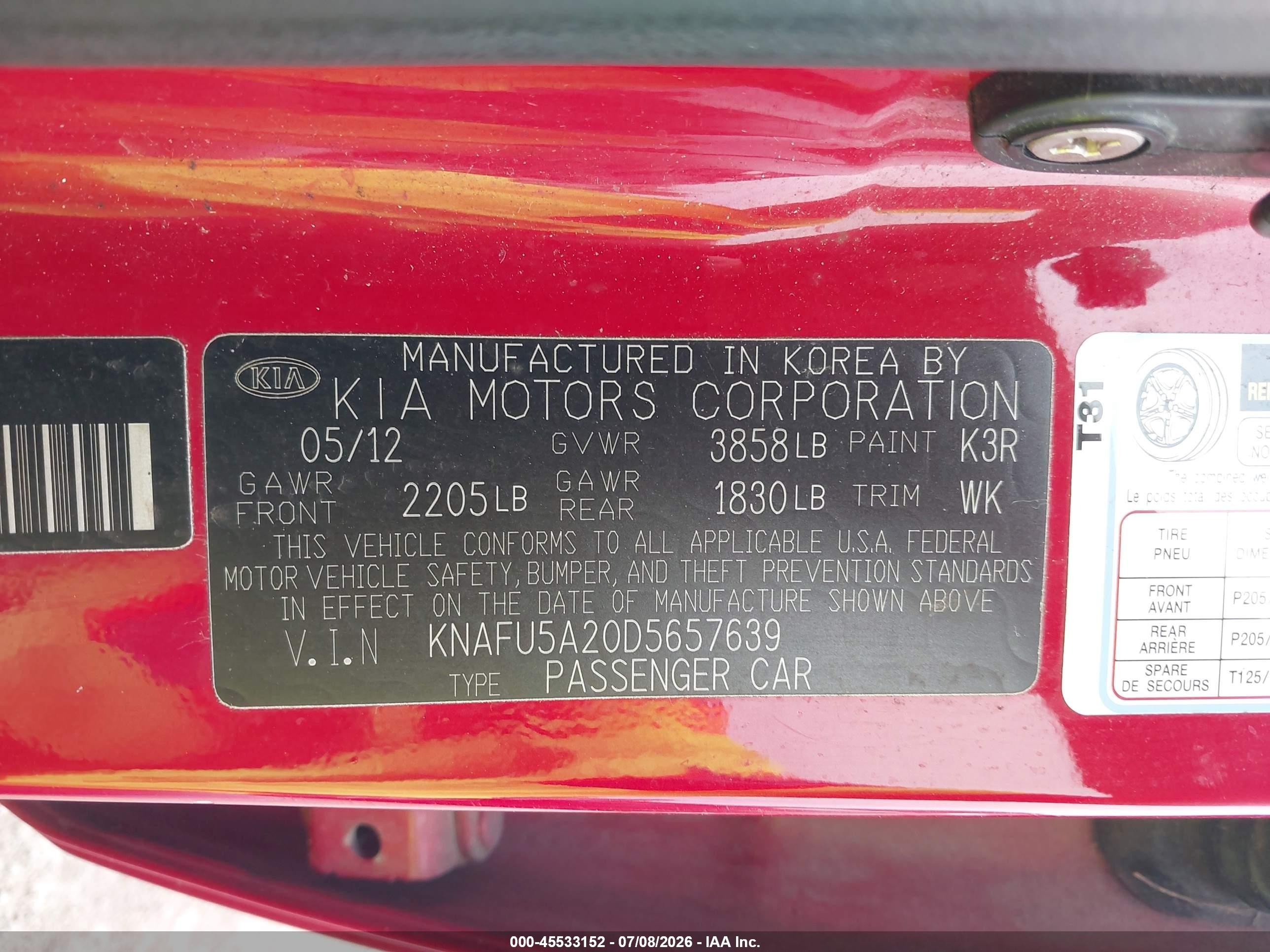 2013 Kia Forte Ex Red vin: KNAFU5A20D5657639