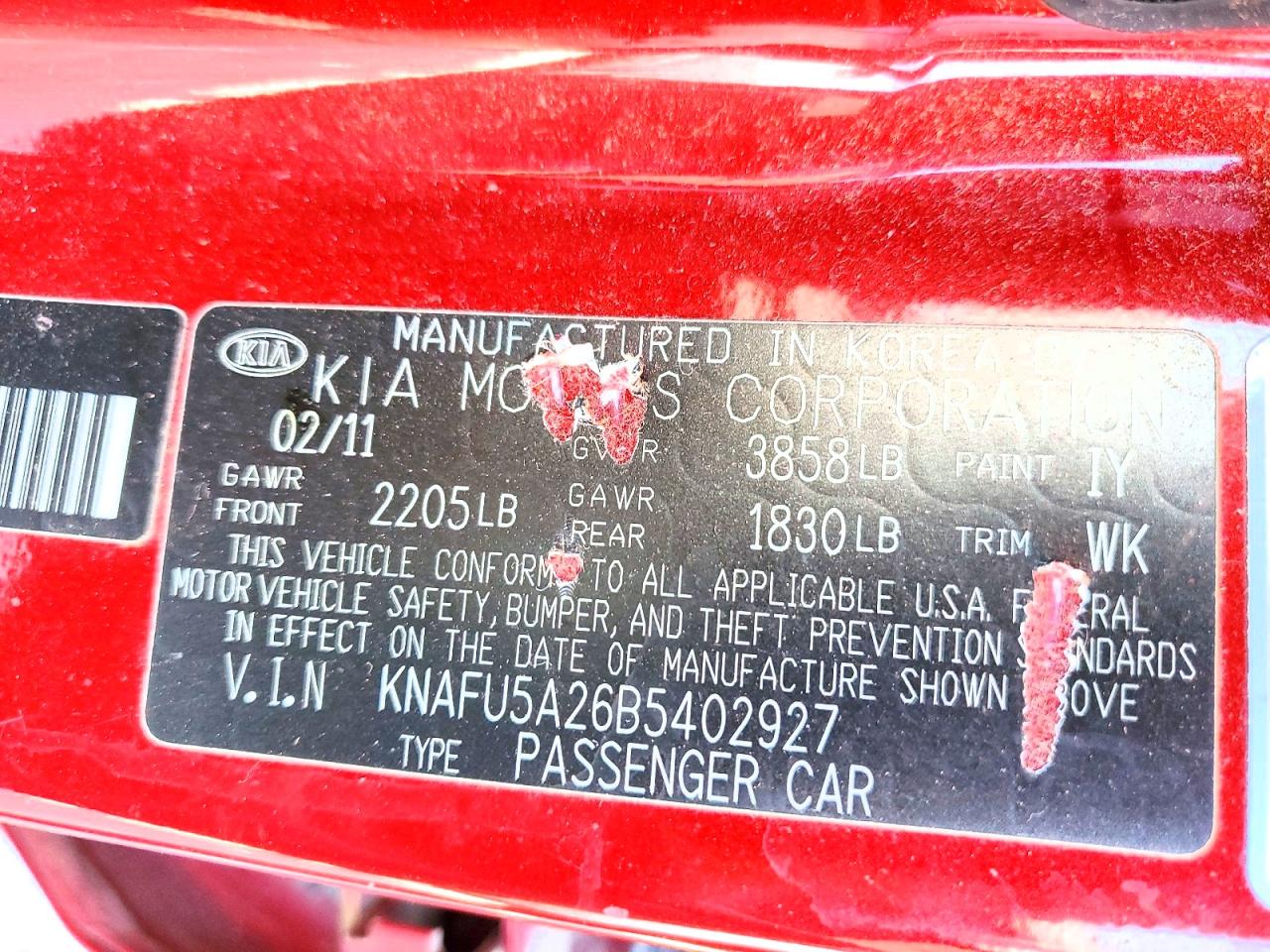 2011 Kia Forte5 Ex Red vin: KNAFU5A26B5402927