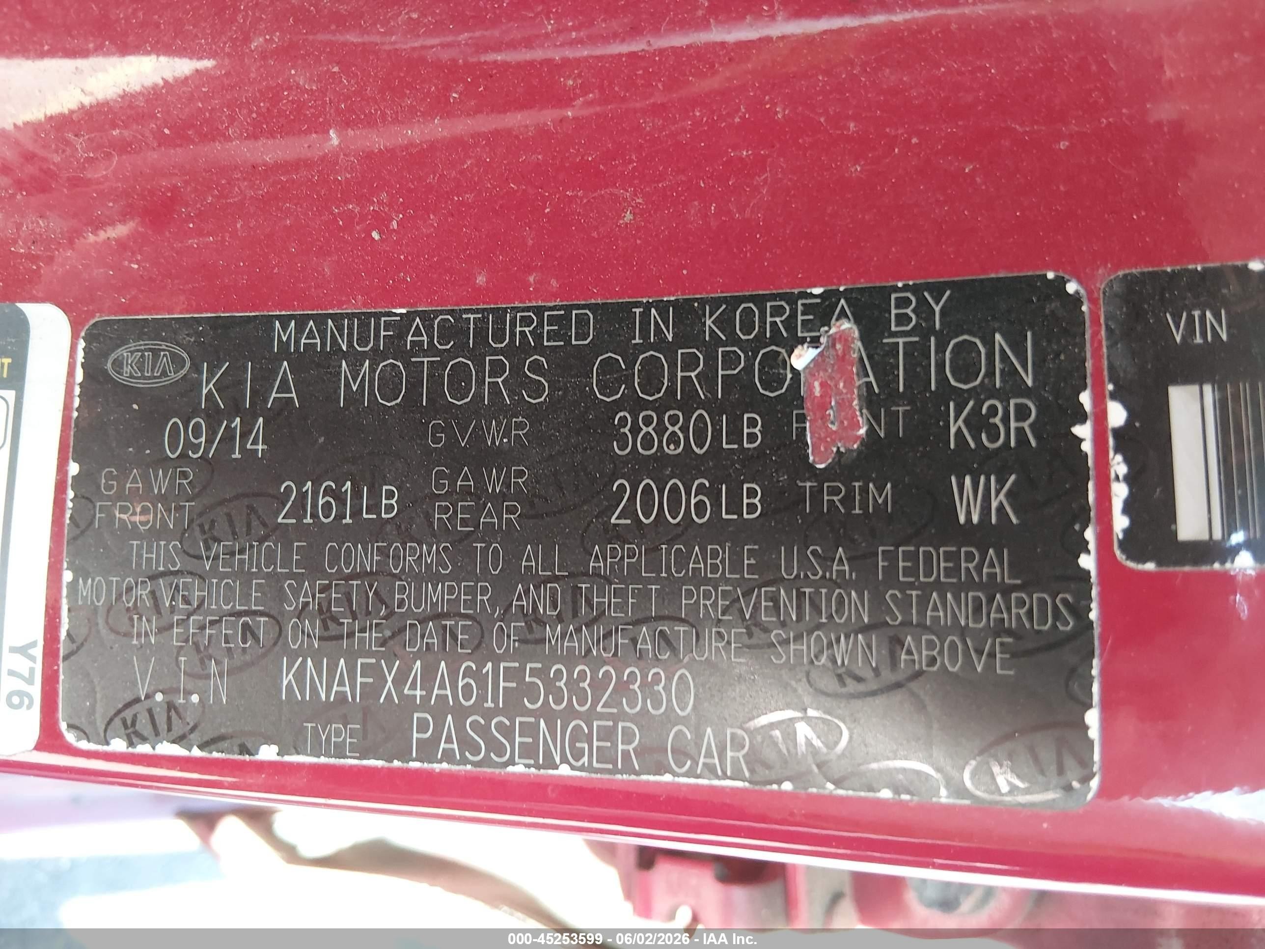 2015 Kia Forte Lx Red vin: KNAFX4A61F5332330