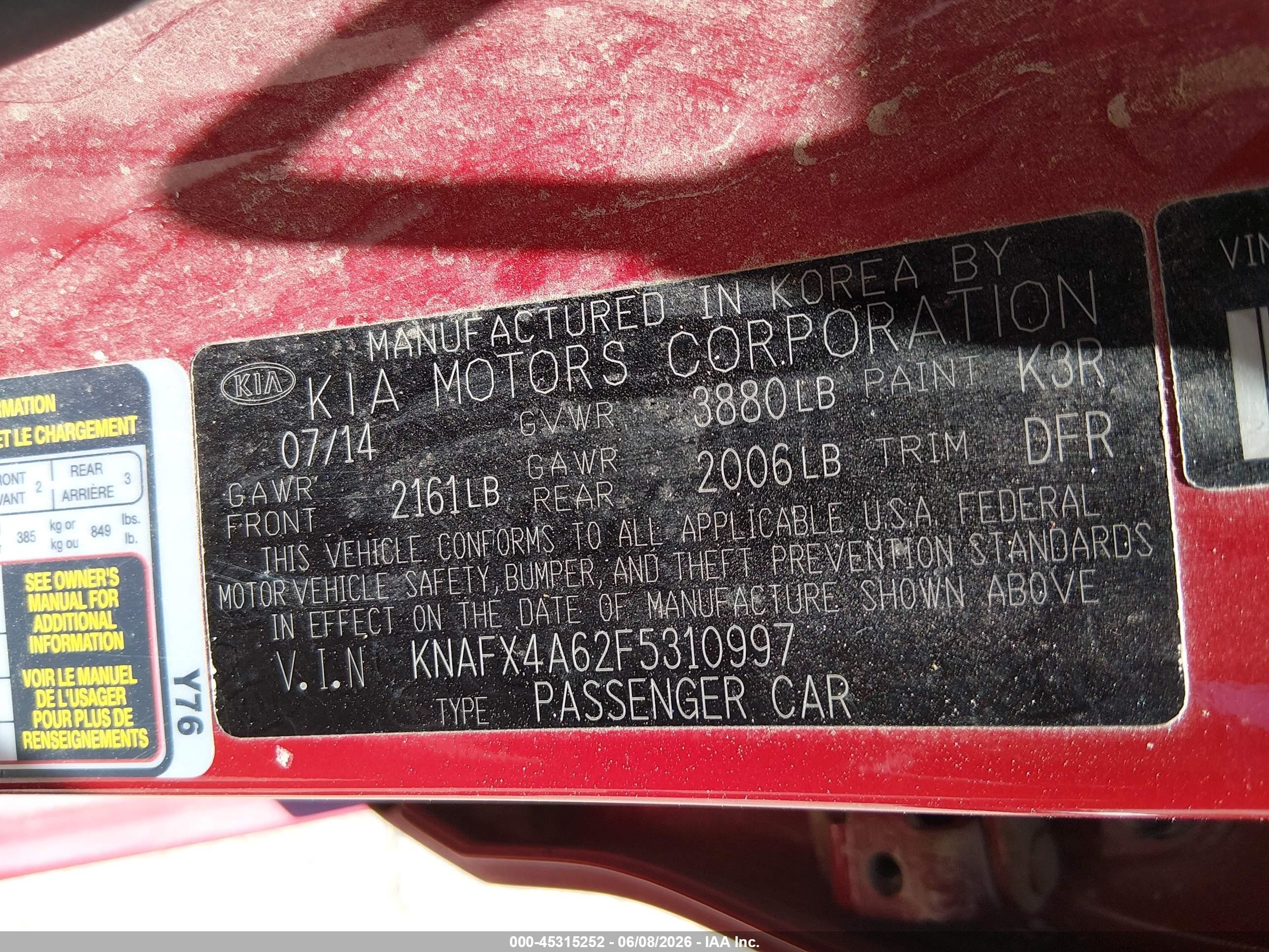 2015 Kia Forte Lx Red vin: KNAFX4A62F5310997