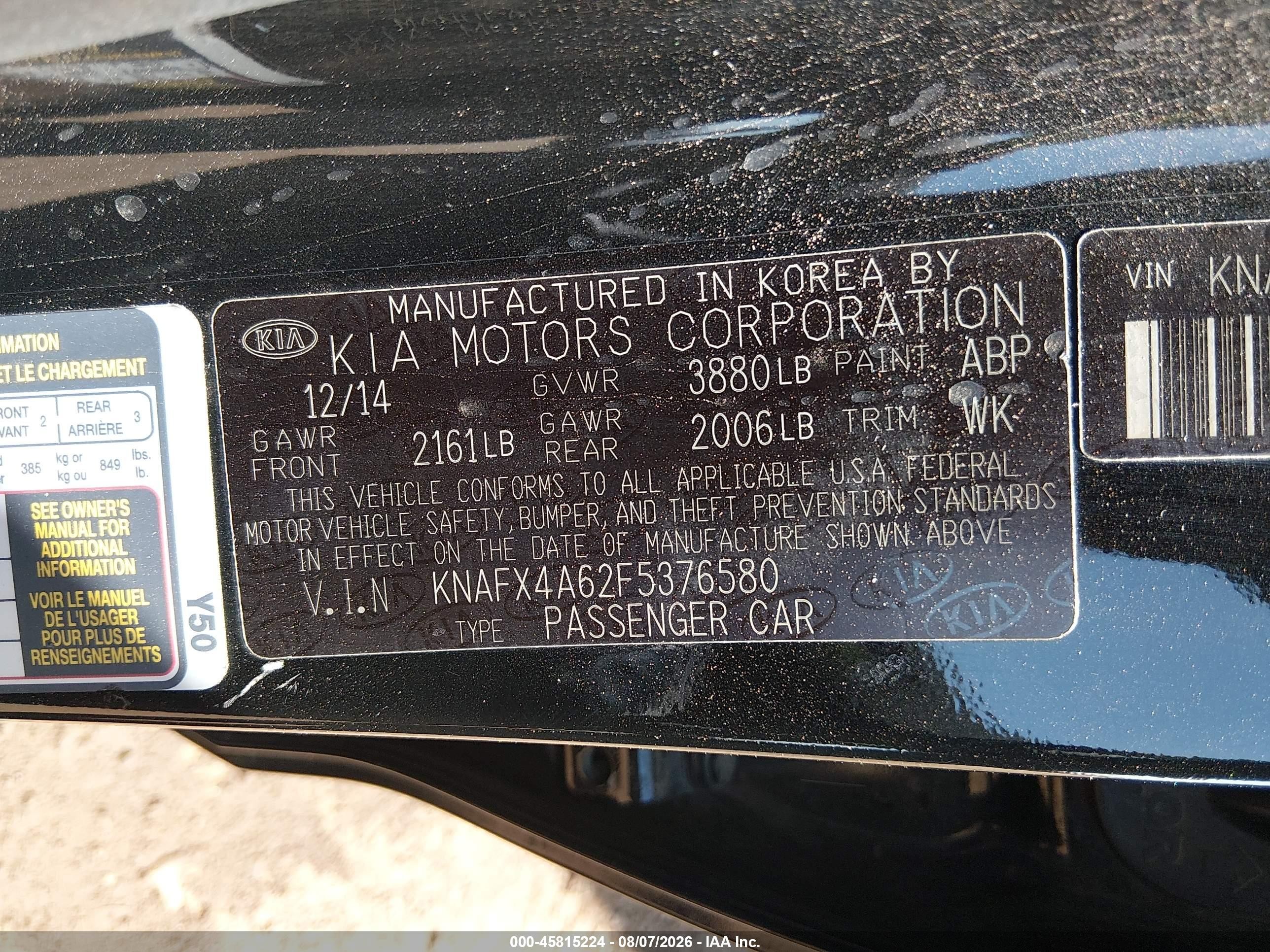 2015 Kia Forte Lx Black vin: KNAFX4A62F5376580