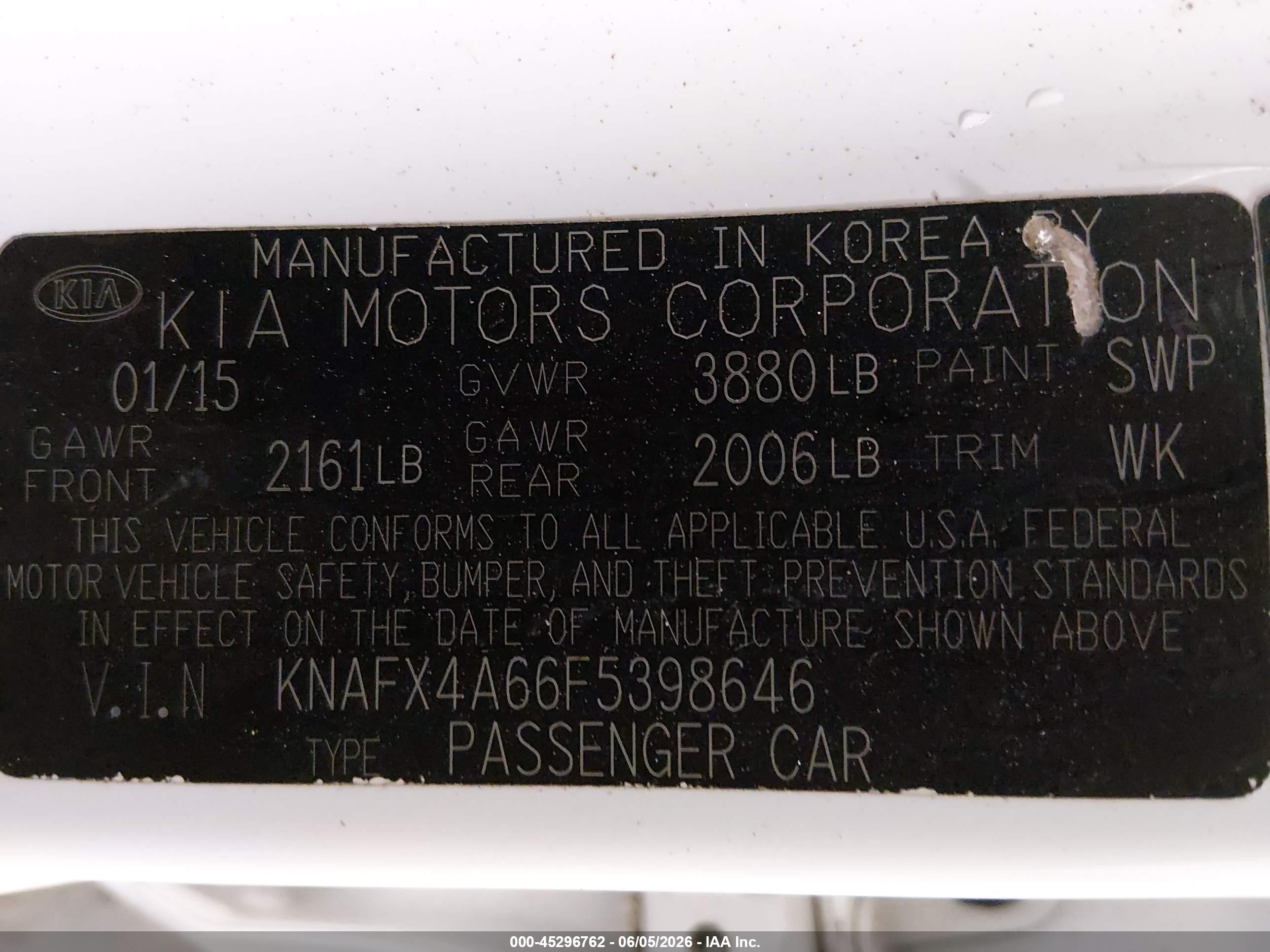 2015 Kia Forte Lx White vin: KNAFX4A66F5398646