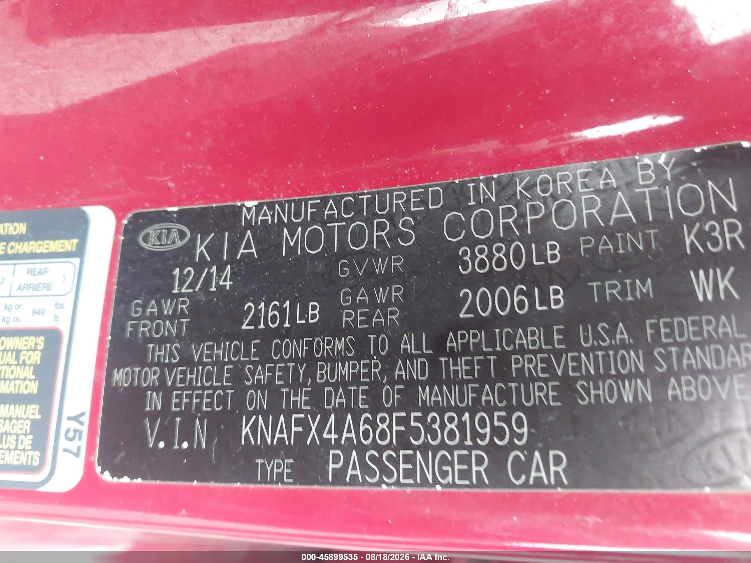 2015 Kia Forte Lx Red vin: KNAFX4A68F5381959