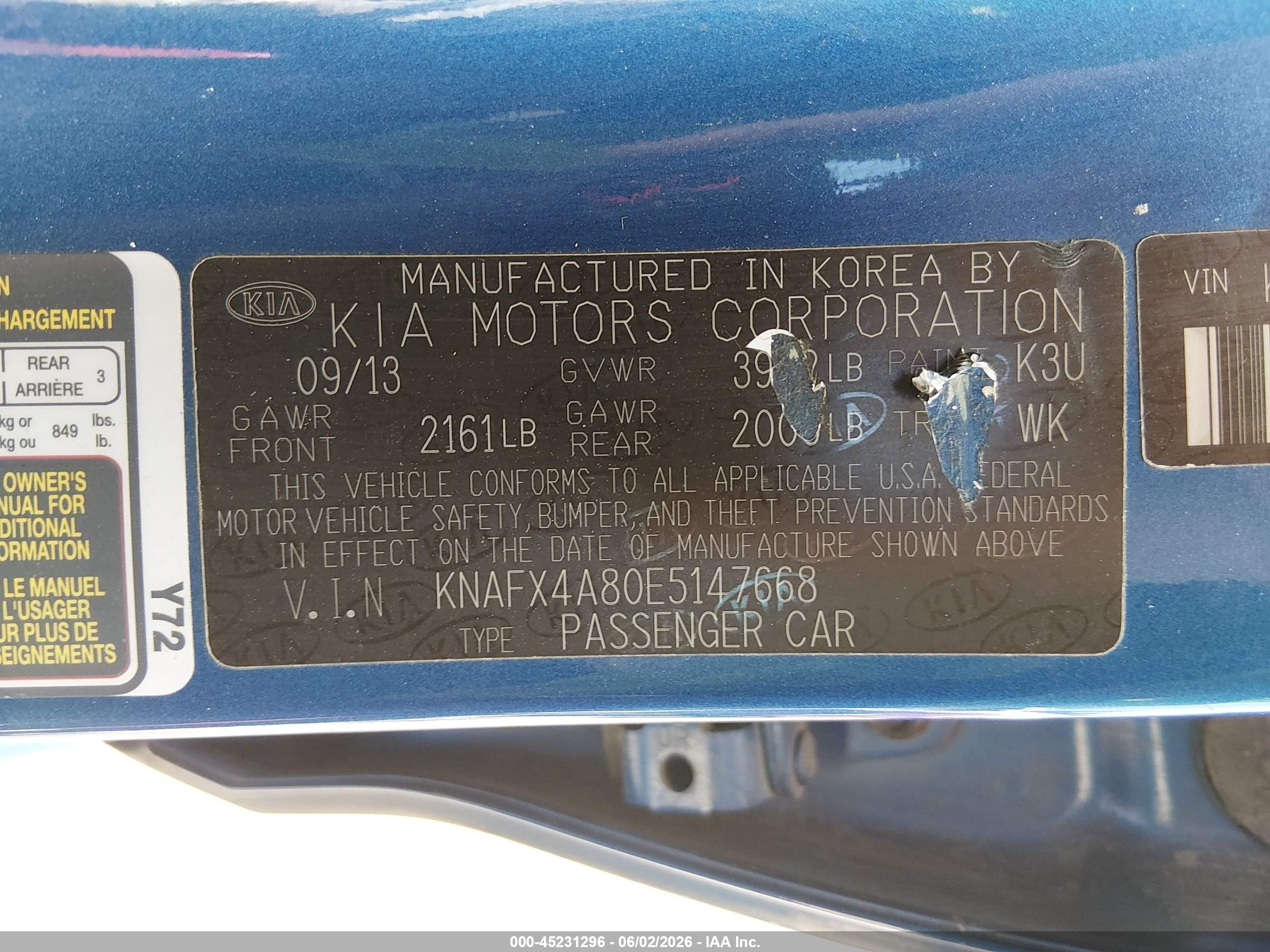 2014 Kia Forte Ex Blue vin: KNAFX4A80E5147668