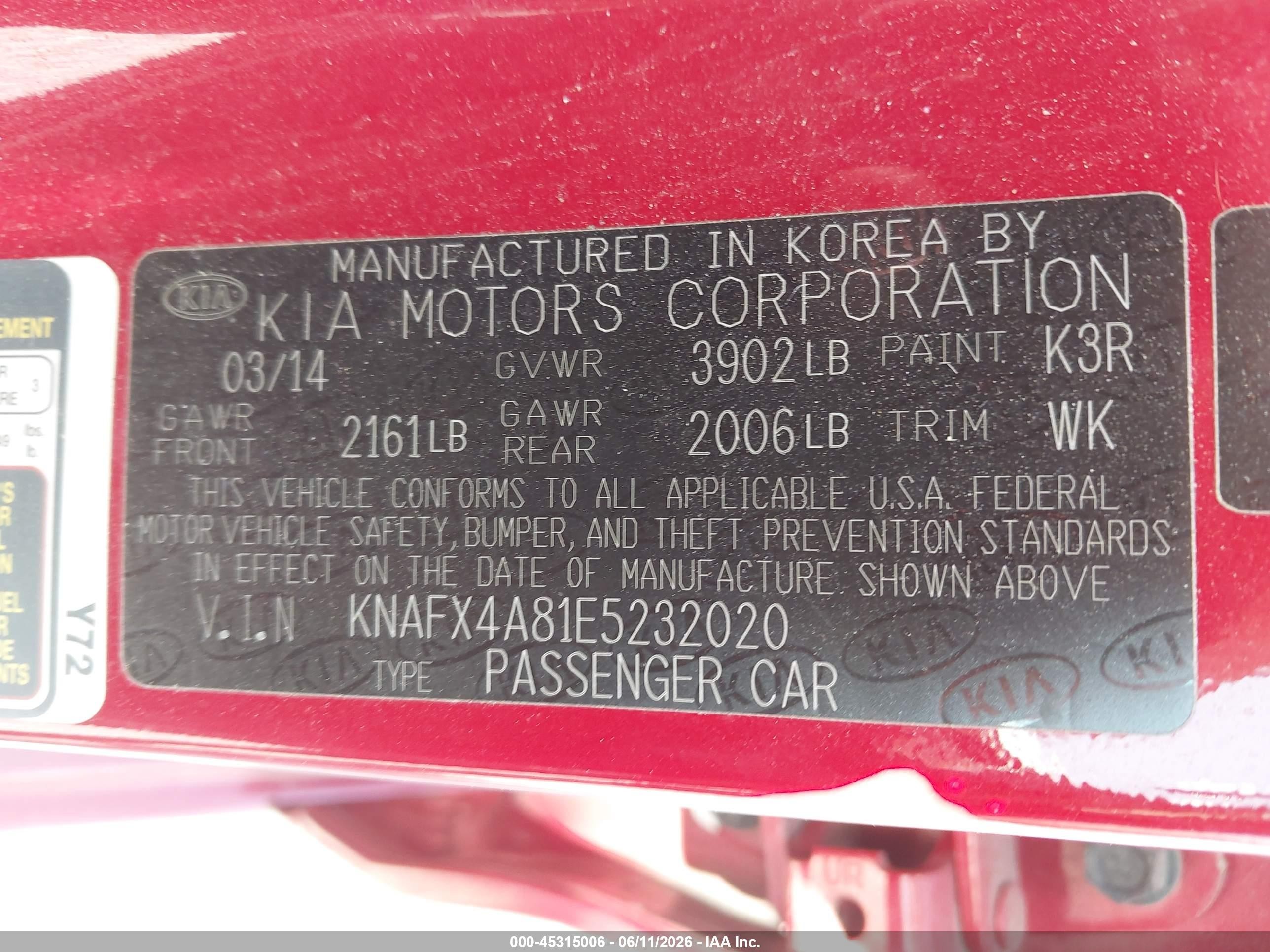 2014 Kia Forte Ex Red vin: KNAFX4A81E5232020