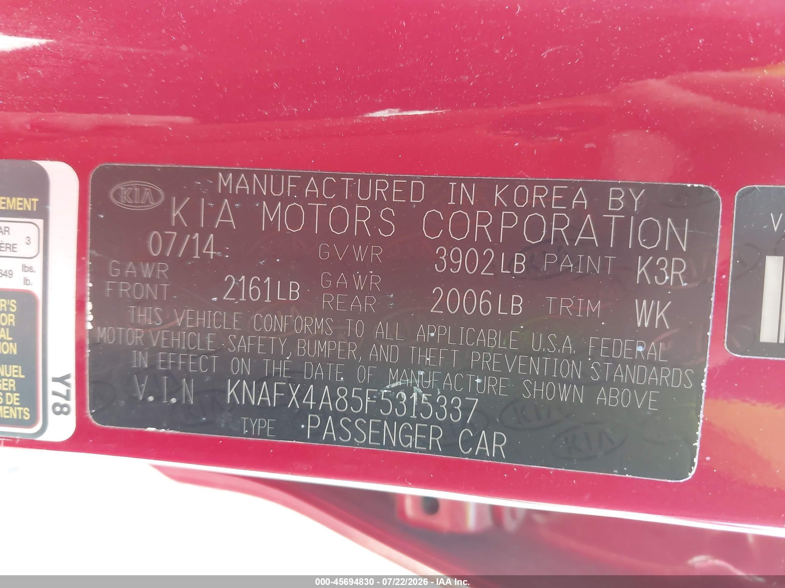 2015 Kia Forte Ex Red vin: KNAFX4A85F5315337