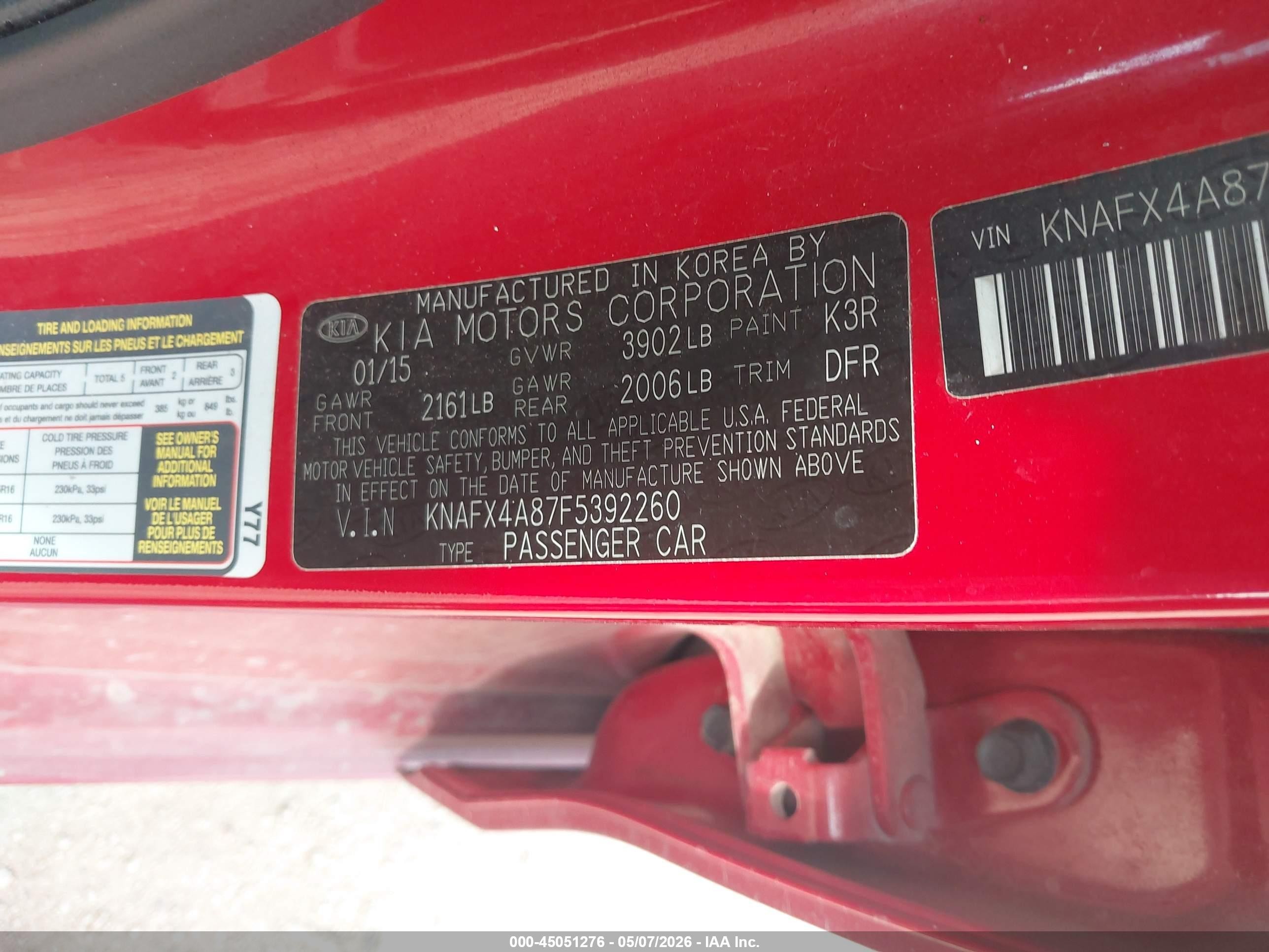 2015 Kia Forte Ex Red vin: KNAFX4A87F5392260