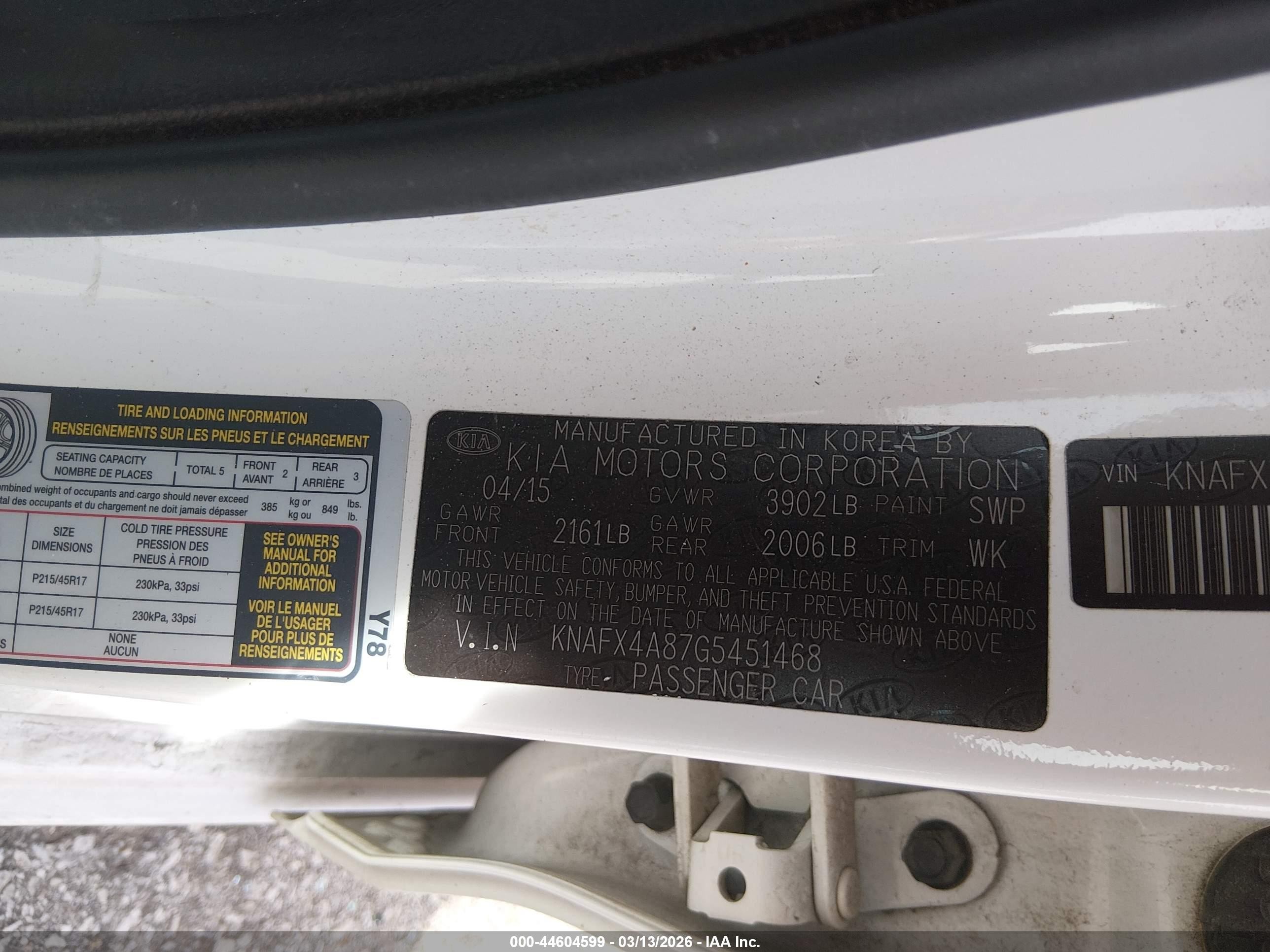 2016 Kia Forte Ex White vin: KNAFX4A87G5451468