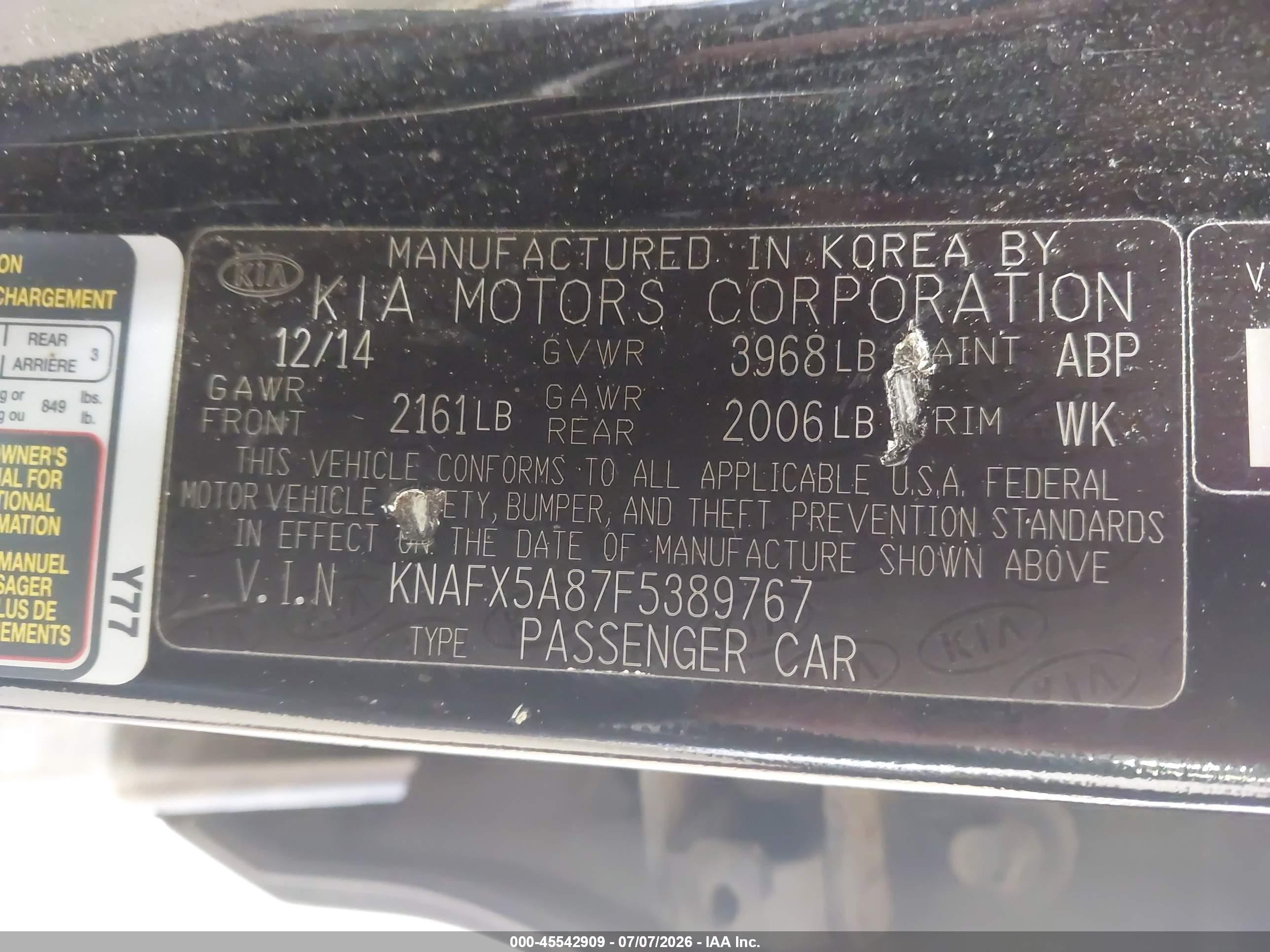 2015 Kia Forte Ex Black vin: KNAFX5A87F5389767