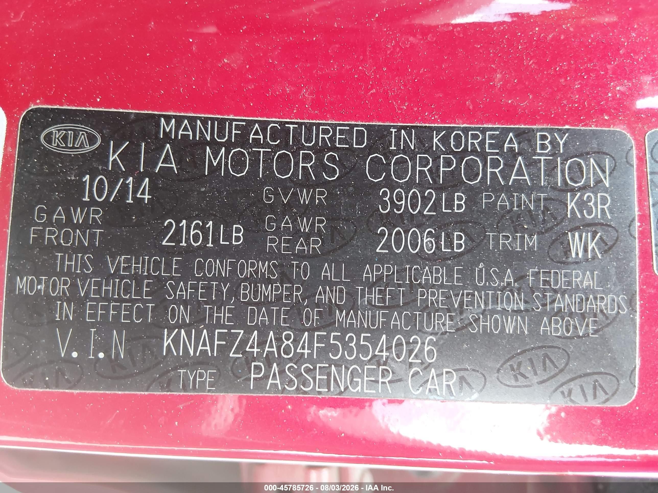 2015 Kia Forte Ex Red vin: KNAFZ4A84F5354026