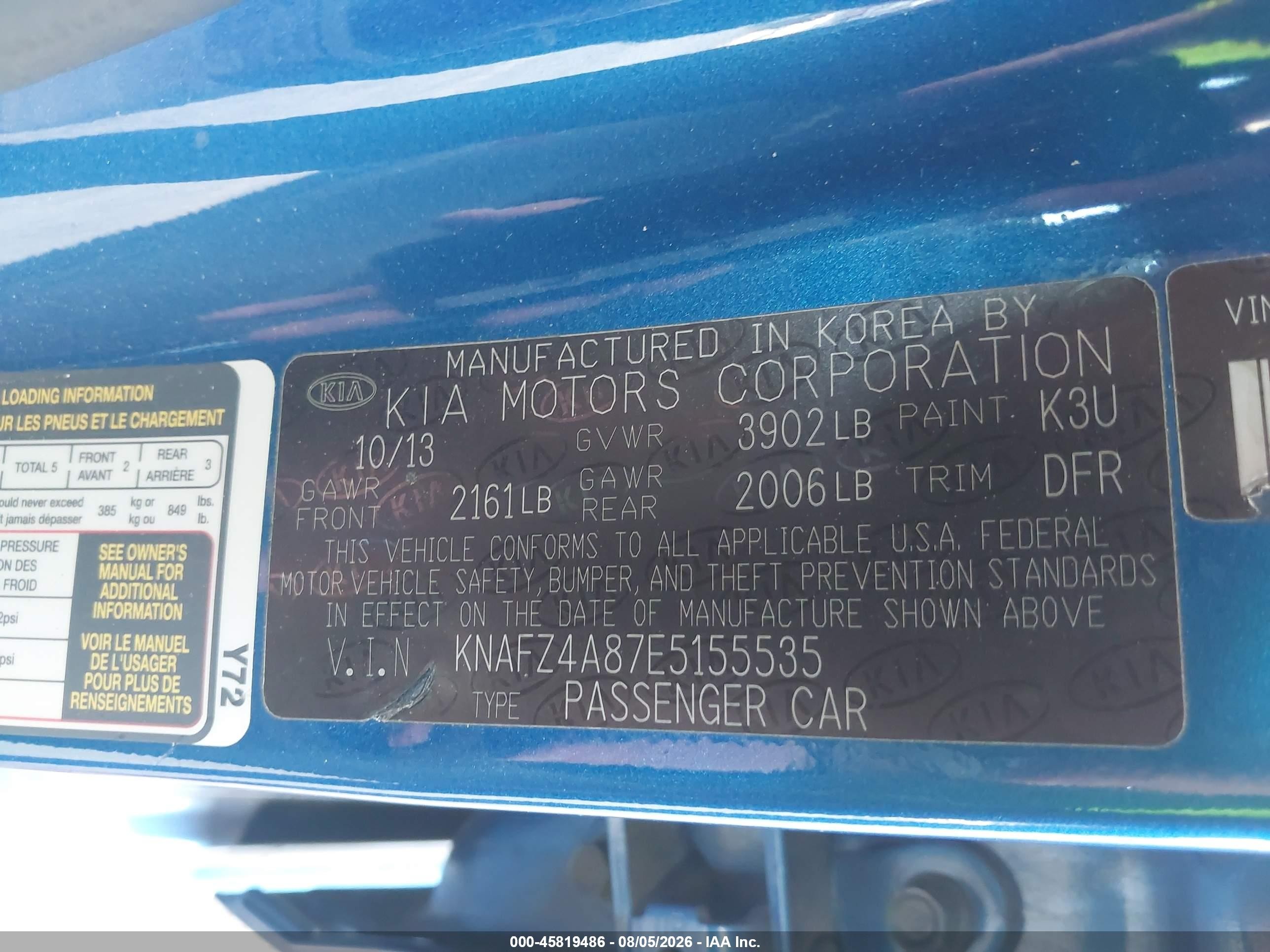 2014 Kia Forte Ex Blue vin: KNAFZ4A87E5155535