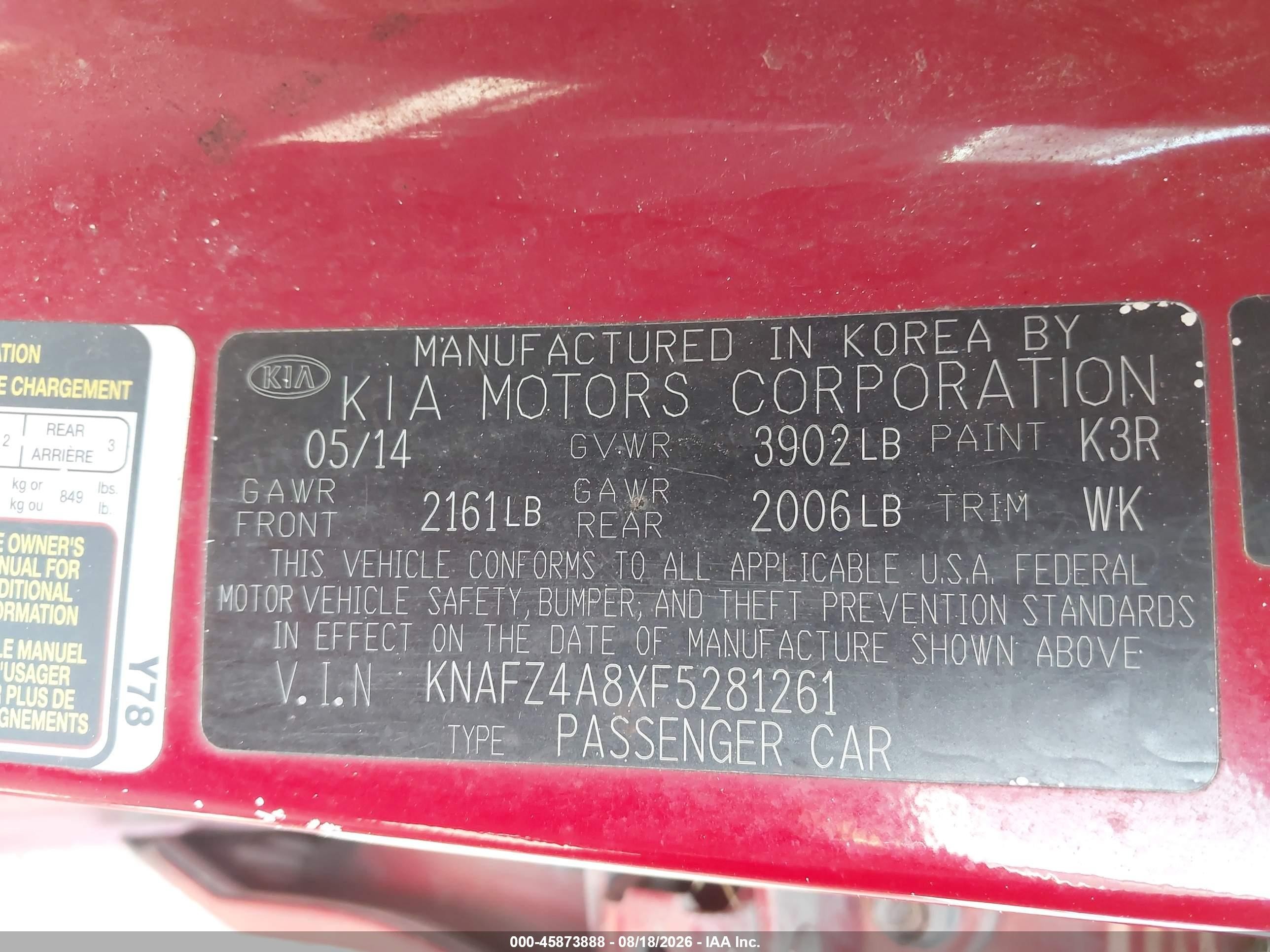 2015 Kia Forte Ex Red vin: KNAFZ4A8XF5281261