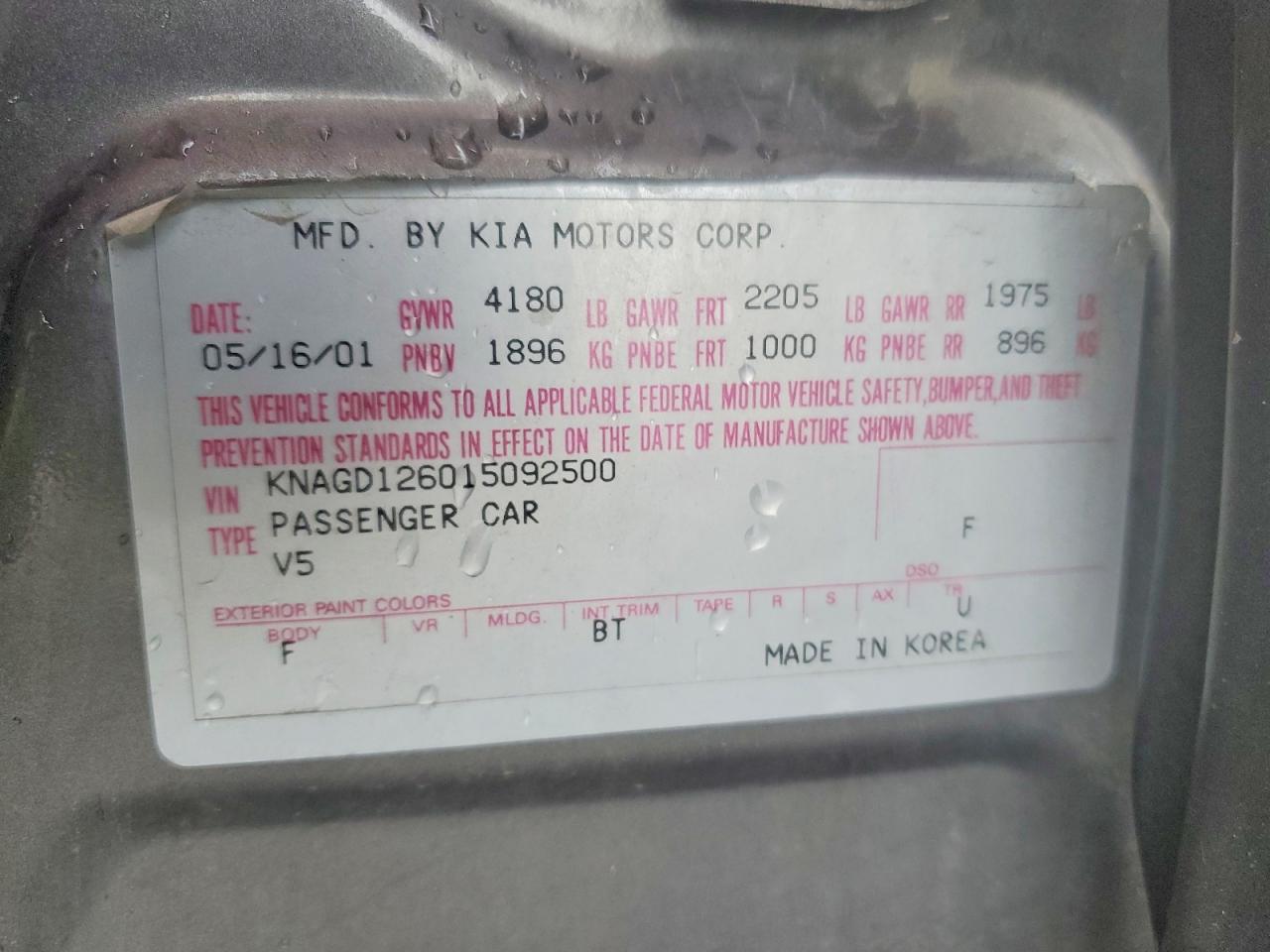 2001 Kia Optima Lx Gray vin: KNAGD126015092500