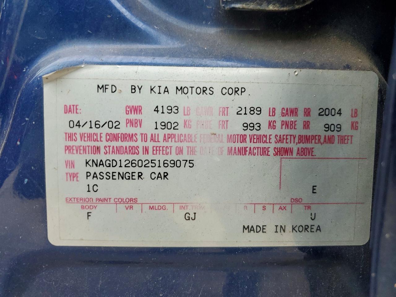 2002 Kia Optima Lx Blue vin: KNAGD126025169075