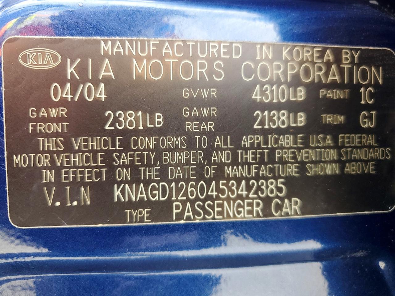 2004 Kia Optima Lx Синий vin: KNAGD126045342385