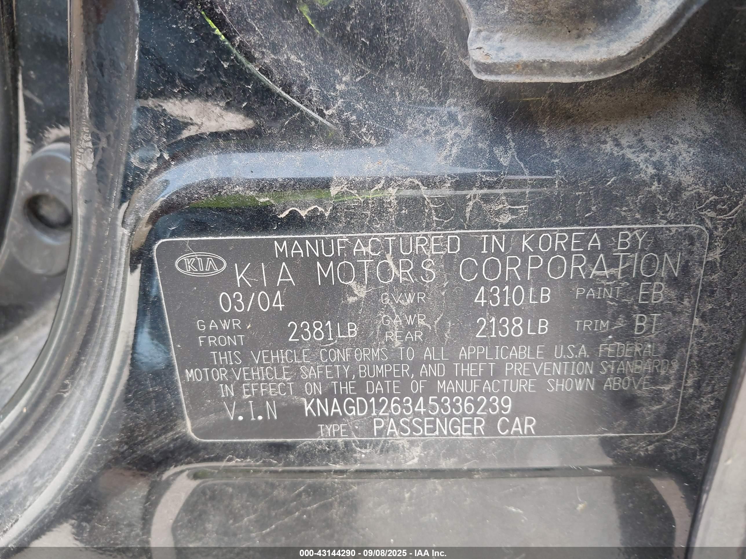 2004 Kia Optima Ex/lx Black vin: KNAGD126345336239