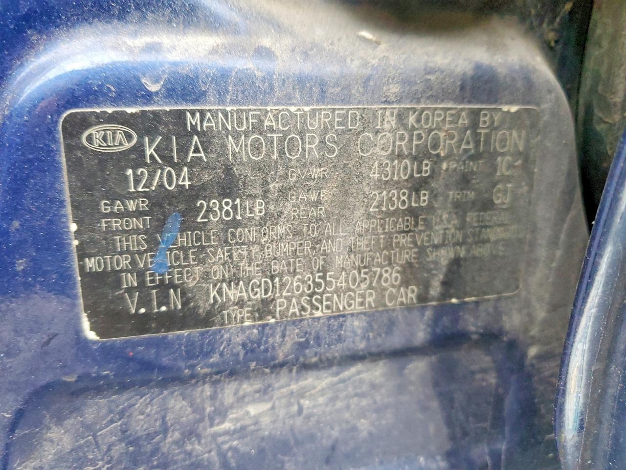 2005 Kia Optima Lx Blue vin: KNAGD126355405786