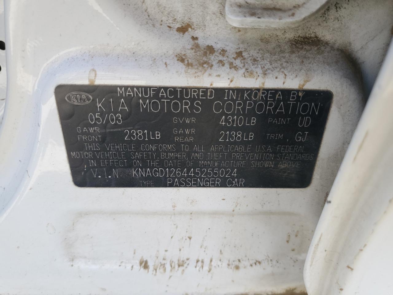 2004 Kia Optima Lx White vin: KNAGD126445255024