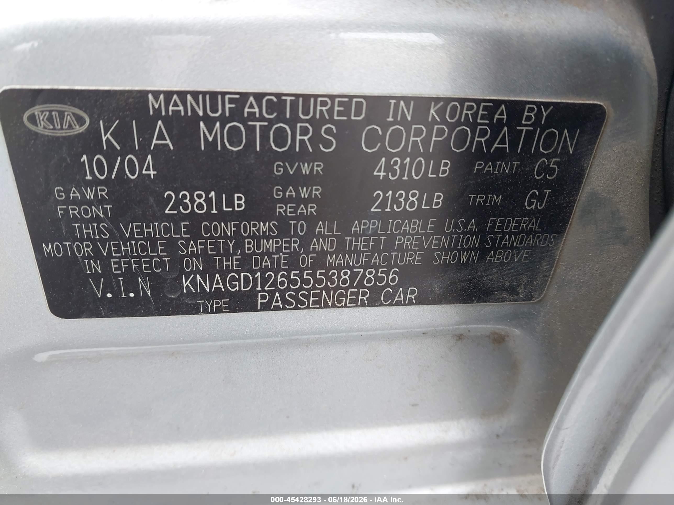 2005 Kia Optima Ex/lx Silver vin: KNAGD126555387856