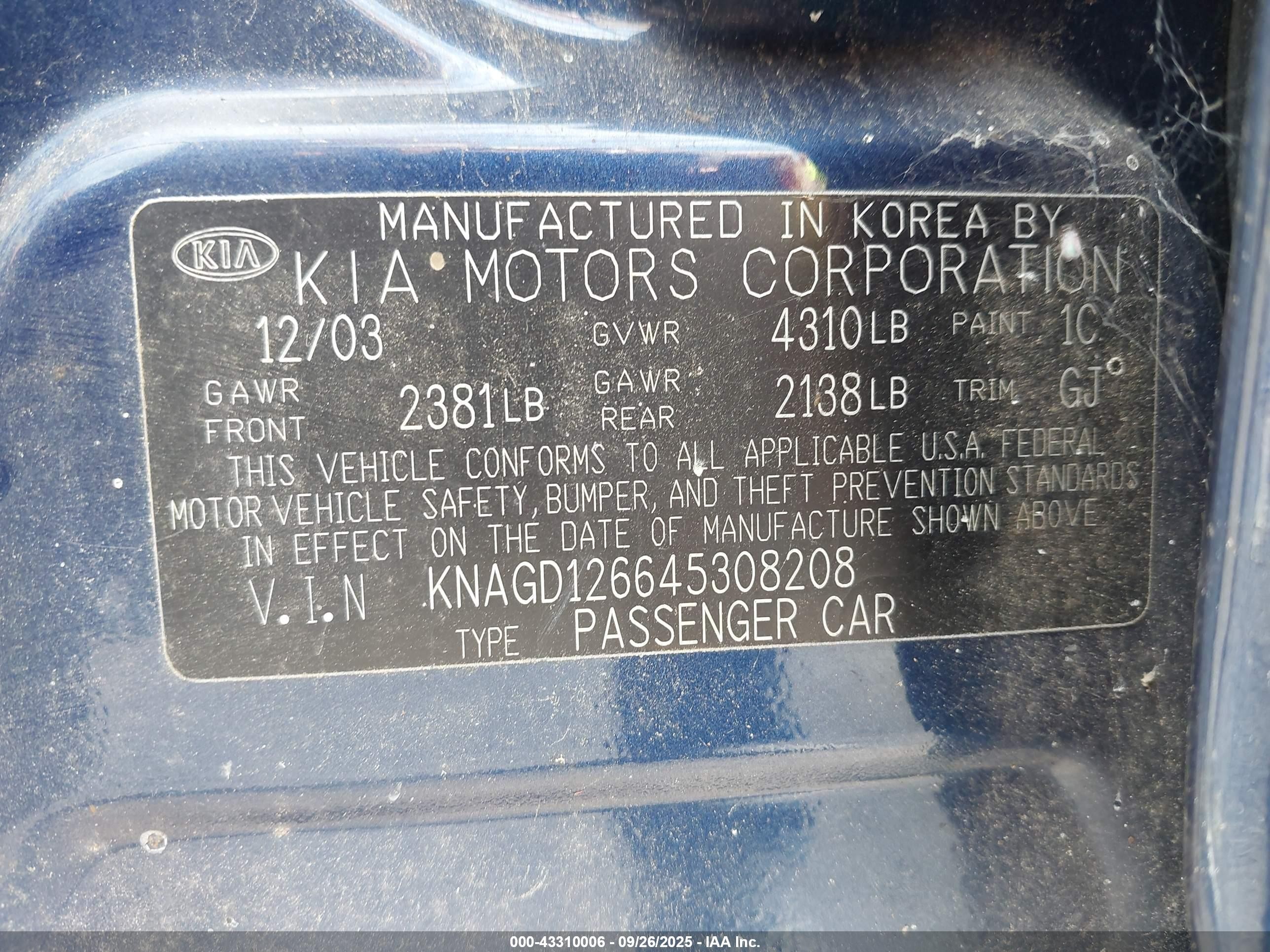 2004 Kia Optima Ex/lx Синий vin: KNAGD126645308208