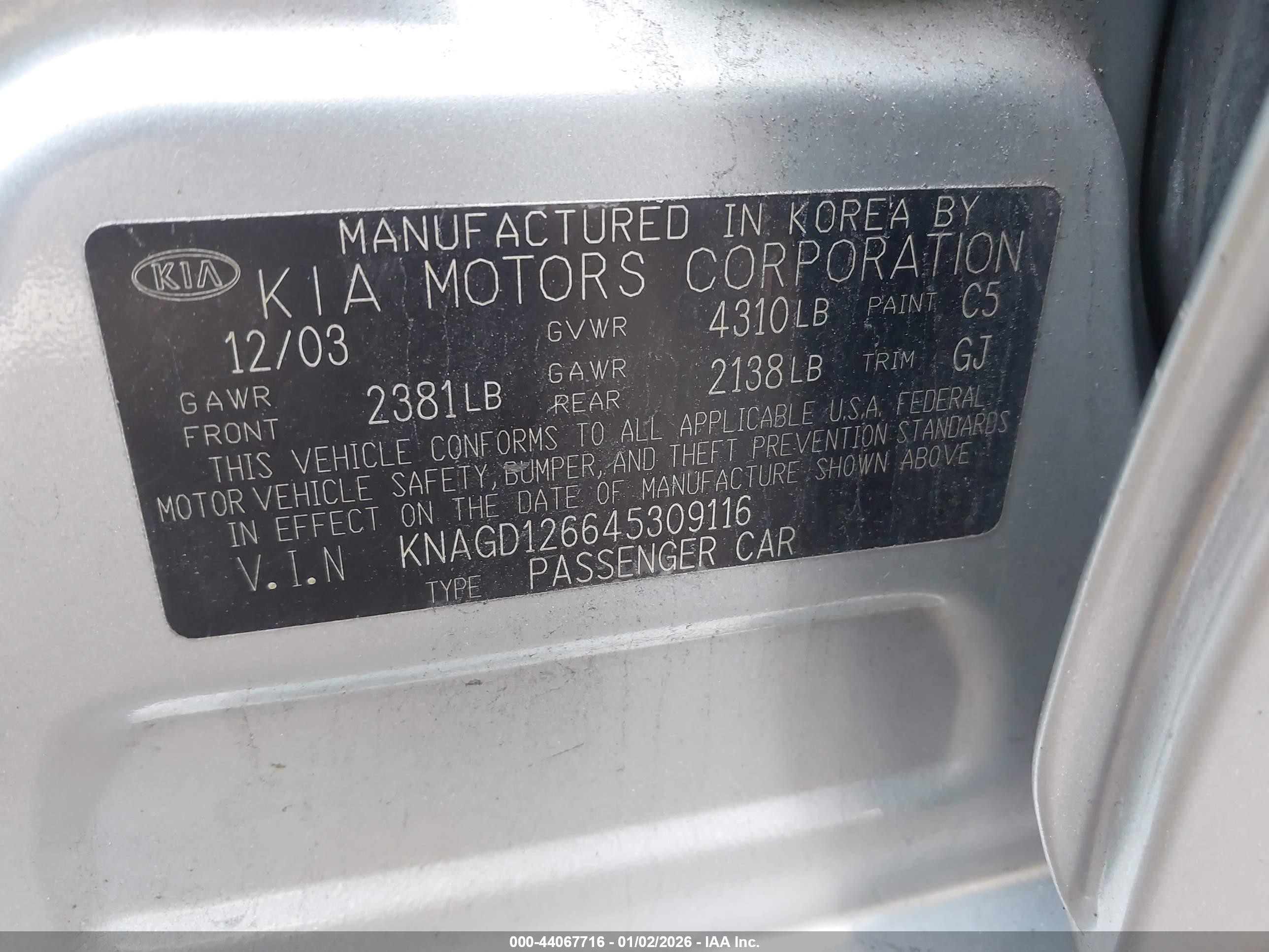 2004 Kia Optima Ex/lx Silver vin: KNAGD126645309116