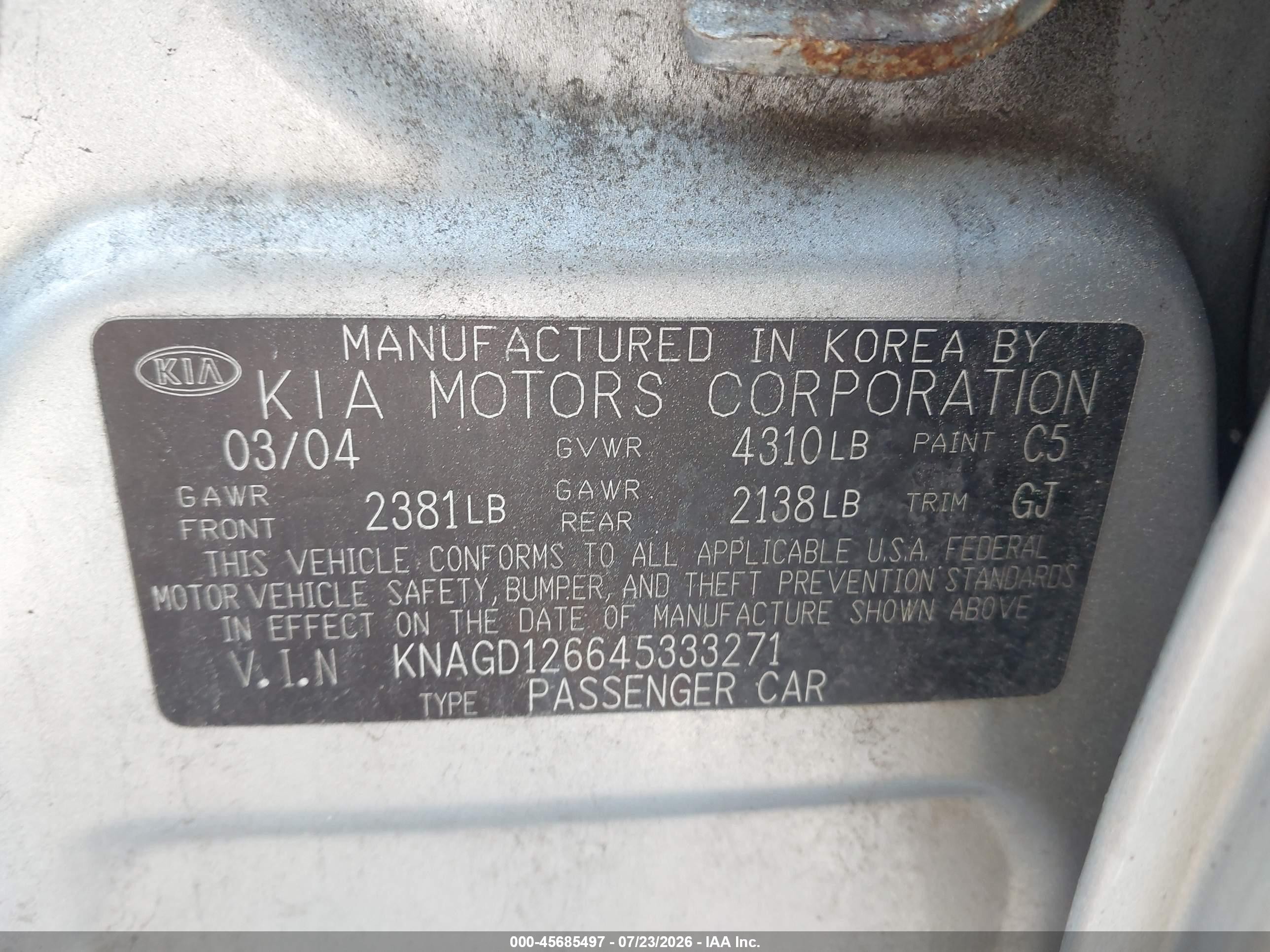 2004 Kia Optima Ex/lx Silver vin: KNAGD126645333271