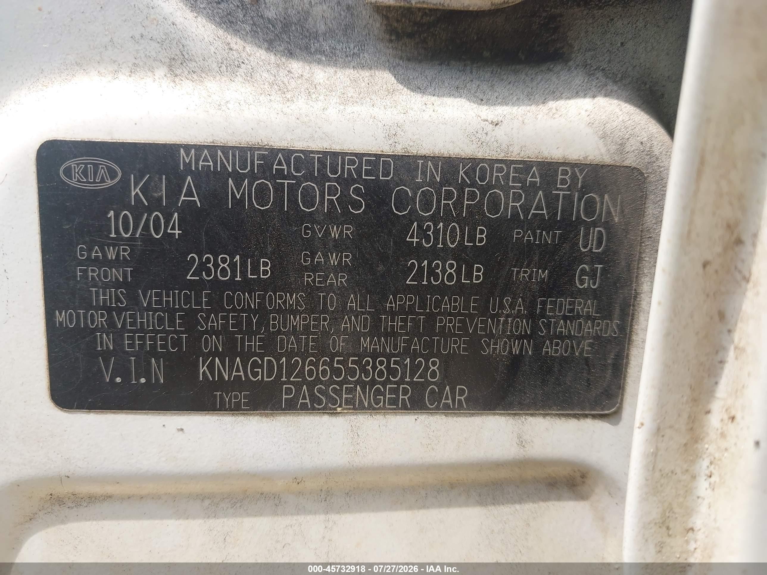 2005 Kia Optima Ex/lx White vin: KNAGD126655385128