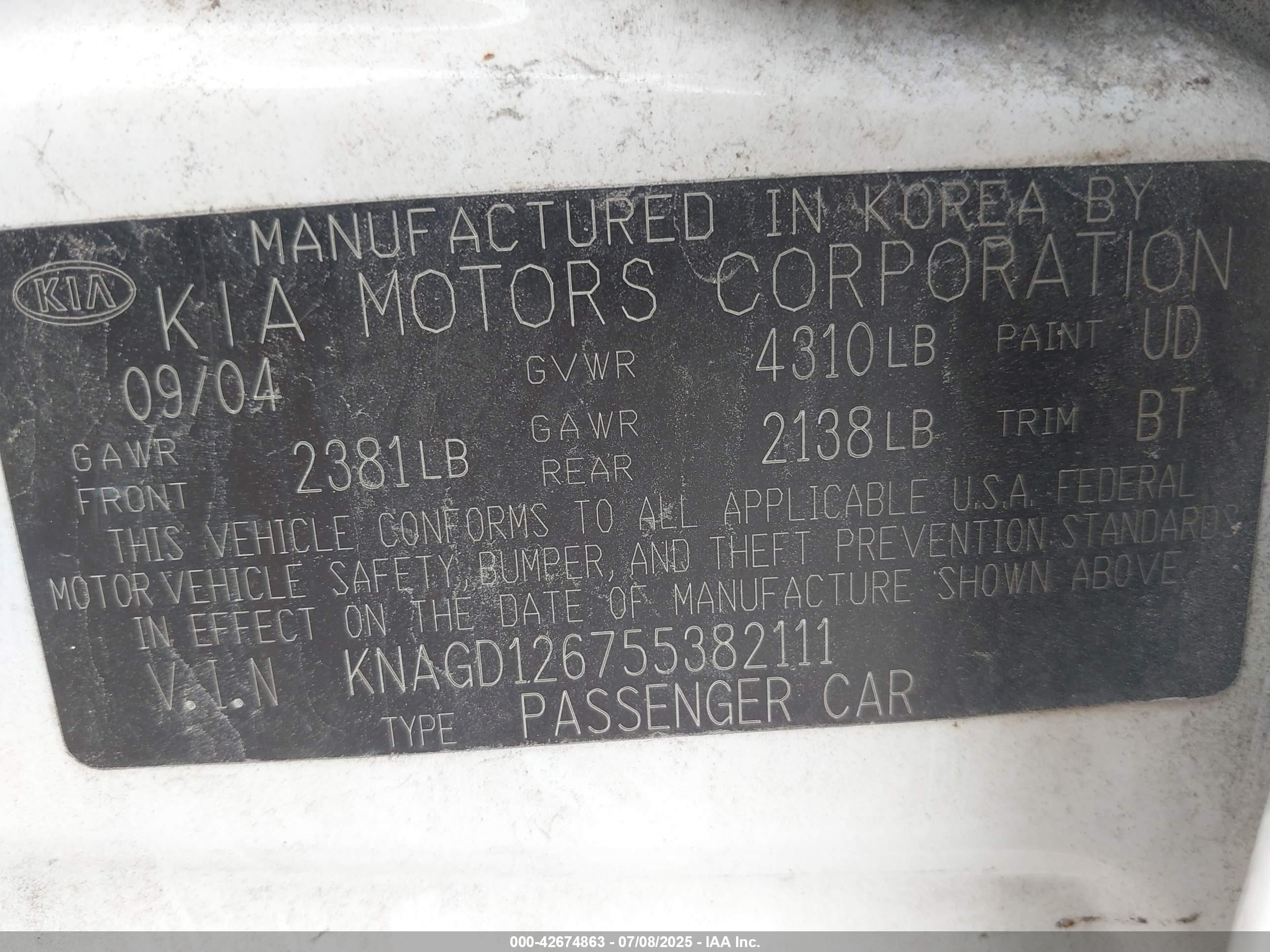 2005 Kia Optima Ex/lx White vin: KNAGD126755382111