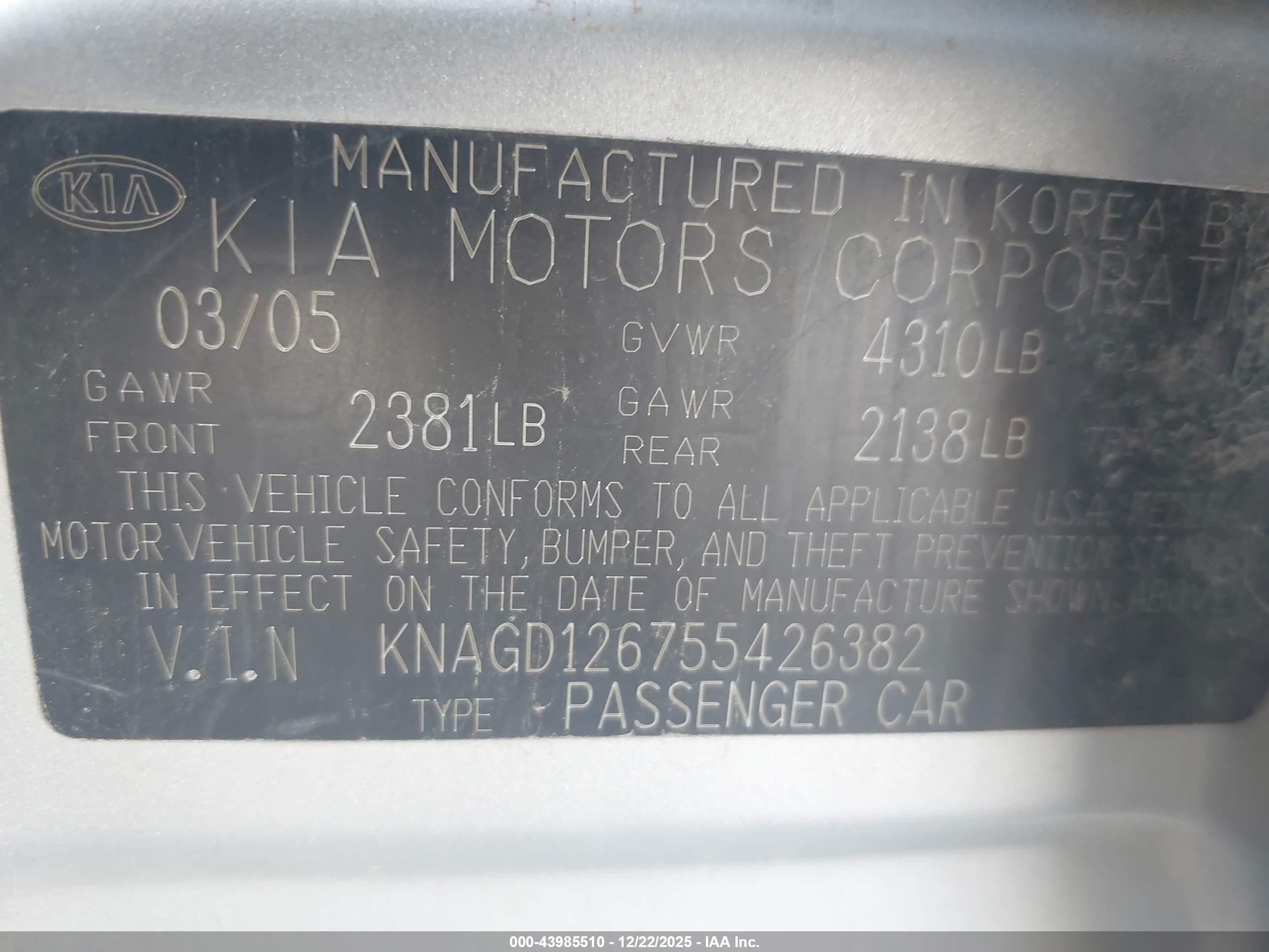 2005 Kia Optima Ex/lx Silver vin: KNAGD126755426382