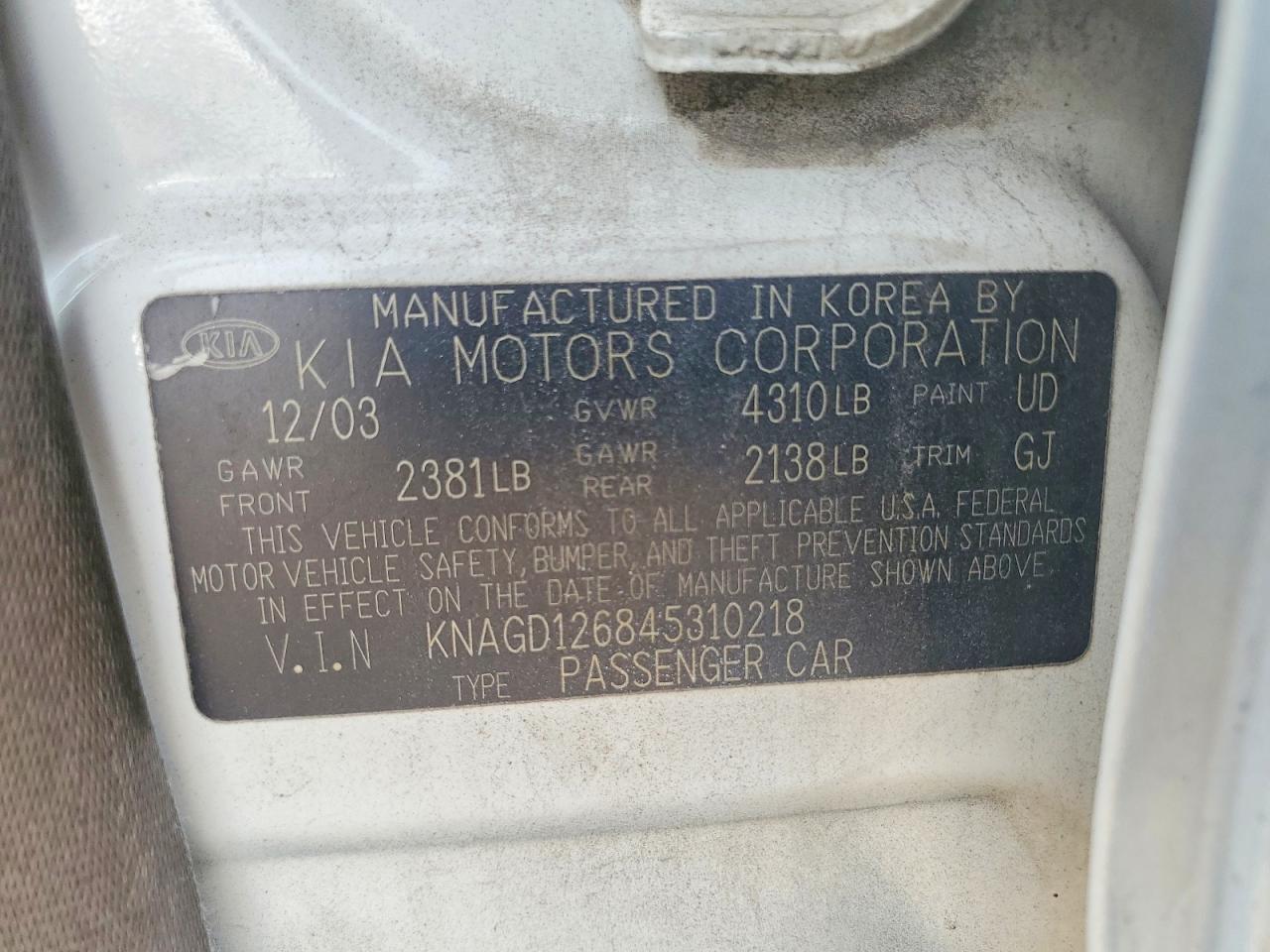 2004 Kia Optima Lx White vin: KNAGD126845310218