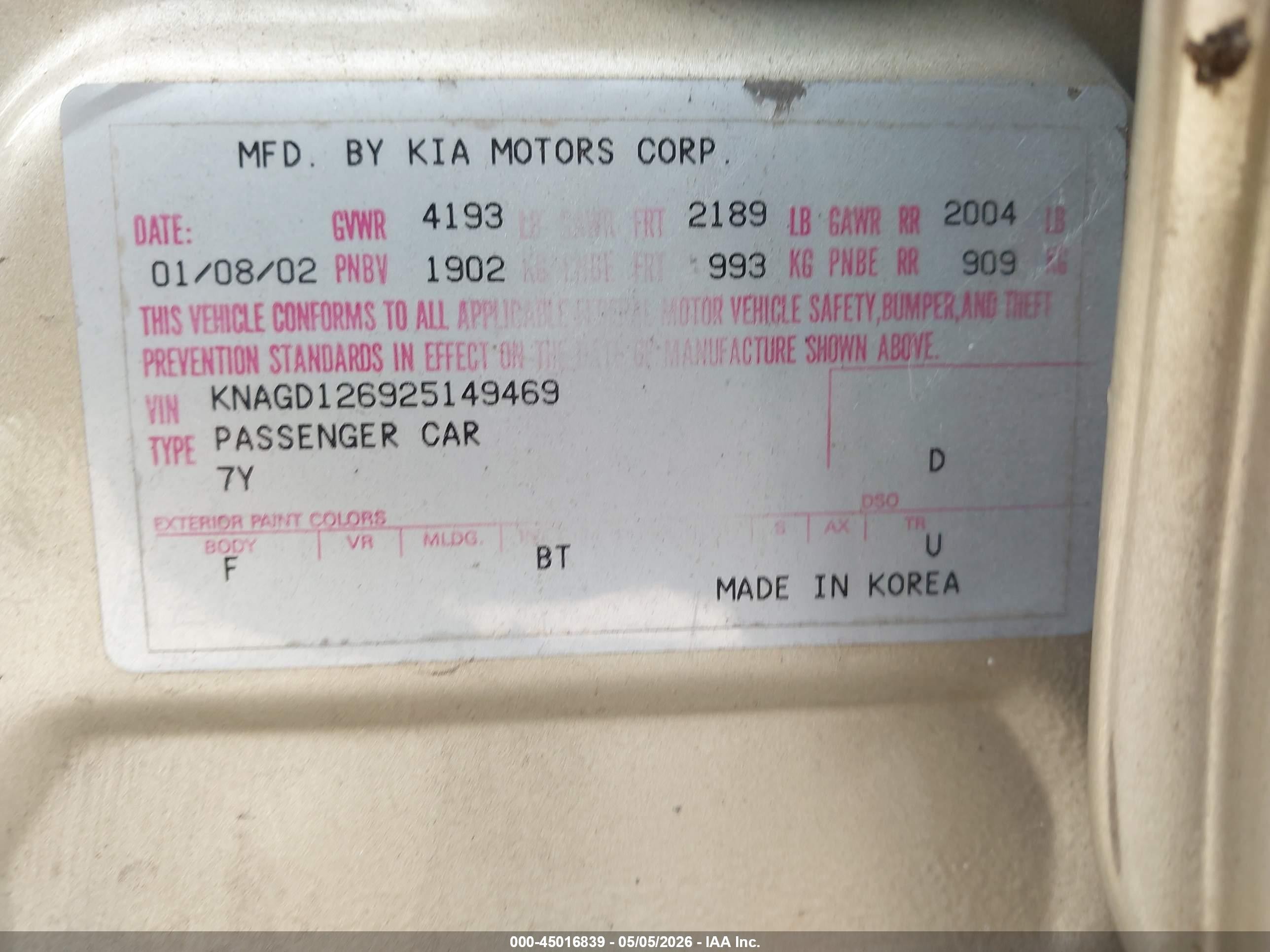 2002 Kia Optima Lx/se Gold vin: KNAGD126925149469