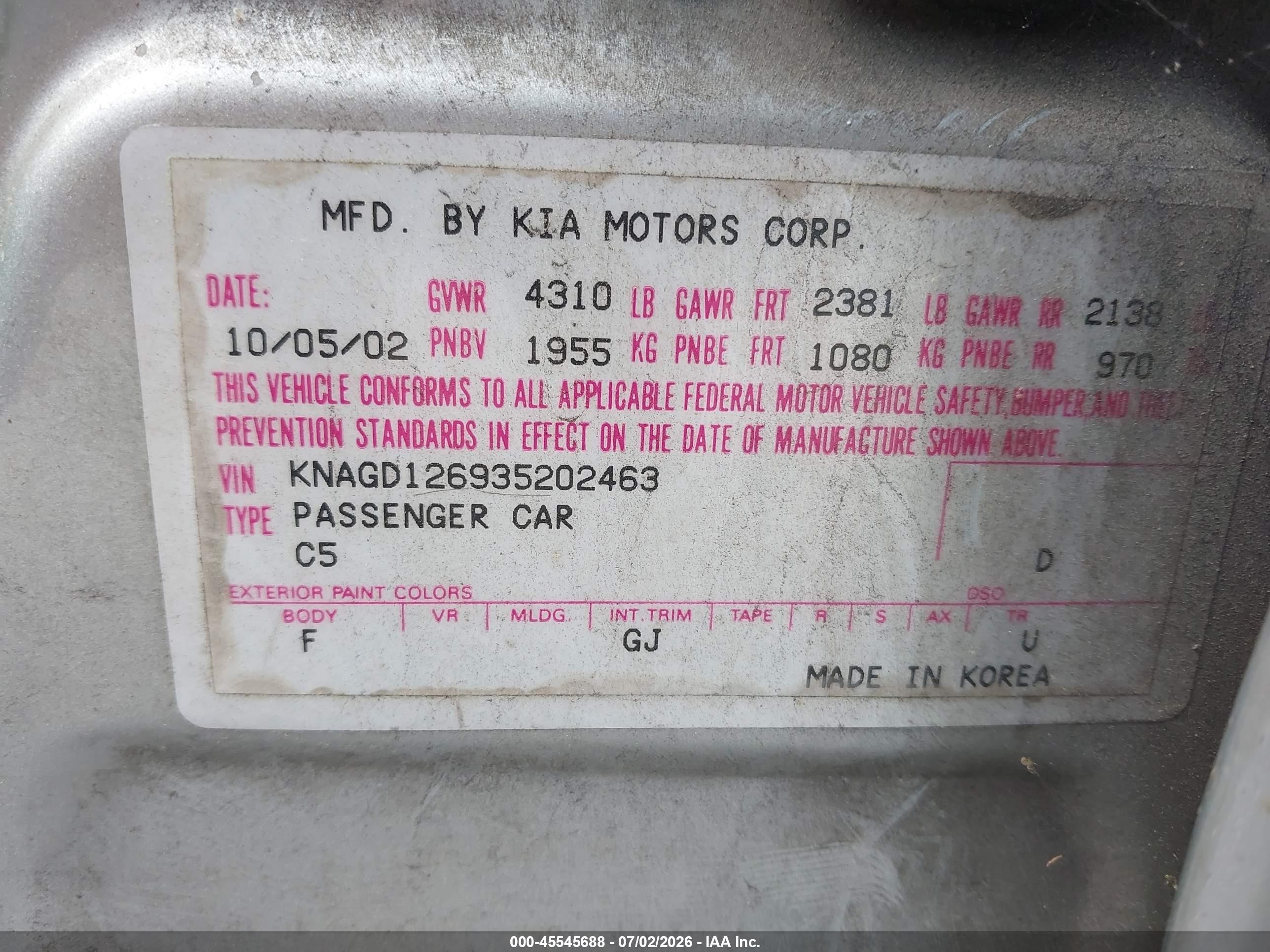 2003 Kia Optima Lx/se Silver vin: KNAGD126935202463