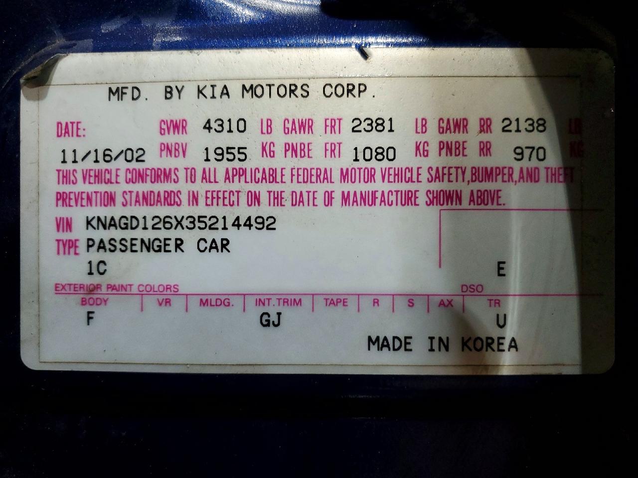 2003 Kia Optima Lx Blue vin: KNAGD126X35214492